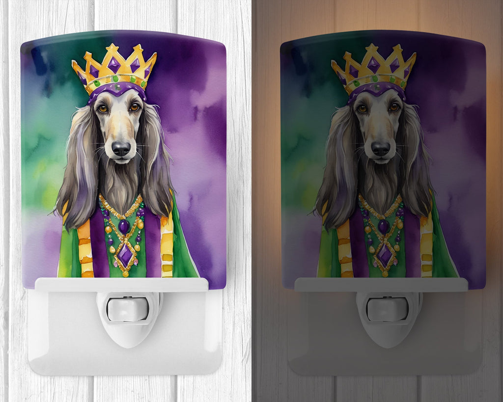 Afghan Hound King of Mardi Gras Ceramic Night Light Compact, UL-Certified, Ideal for Bedroom, Bathroom, Nursery, Hallway, Kitchen, 6x4x3, Multicolor