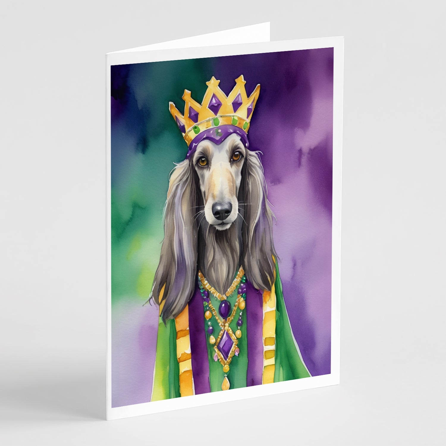 Afghan Hound King of Mardi Gras Greeting Cards Pack of 8 Blank Cards with Envelopes Whimsical A7 Size 5x7