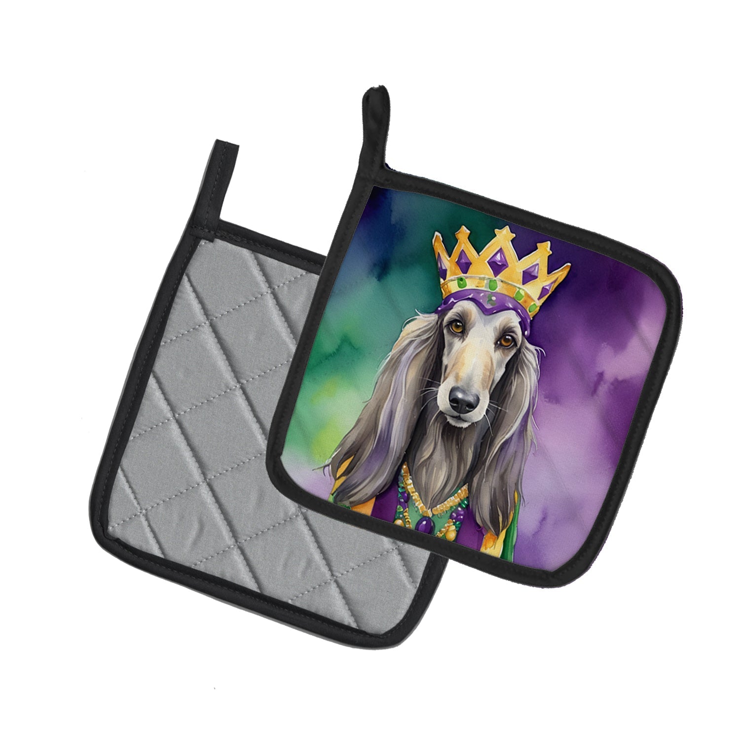 Afghan Hound King of Mardi Gras Pot Holder Set of 2 Heat Resistant Quilted Hot Pads 7.5 x 7.5 Inch, Insulated Kitchen Trivets for Cooking & Baking