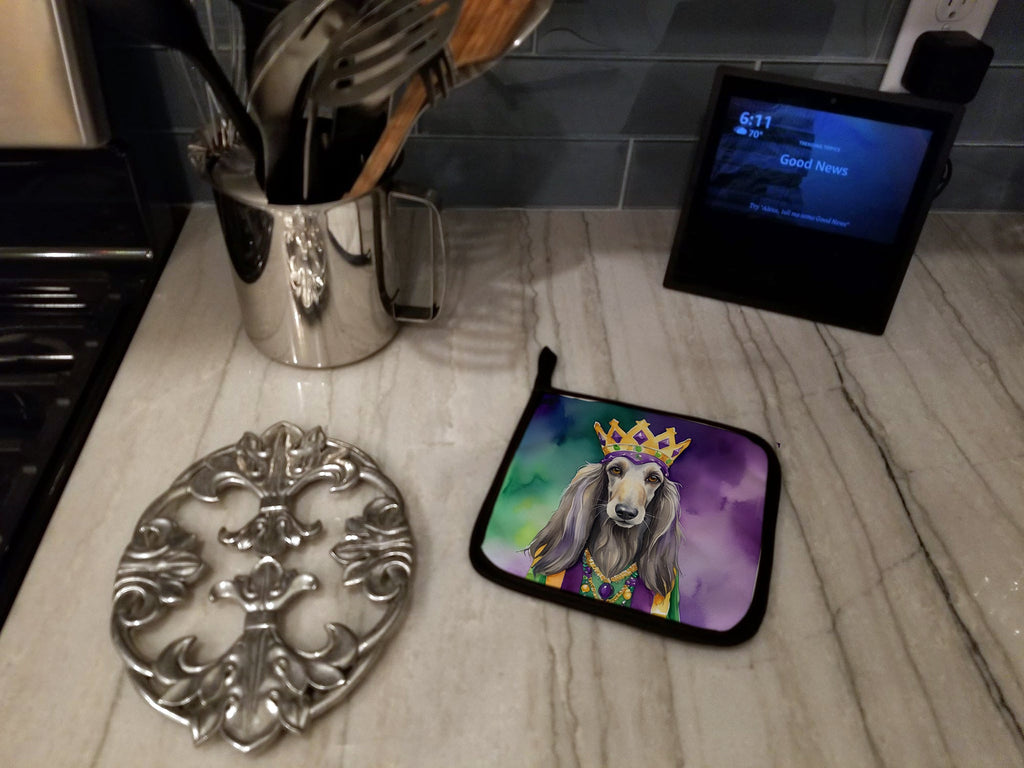 Afghan Hound King of Mardi Gras Pot Holder Set of 2 Heat Resistant Quilted Hot Pads 7.5 x 7.5 Inch, Insulated Kitchen Trivets for Cooking & Baking