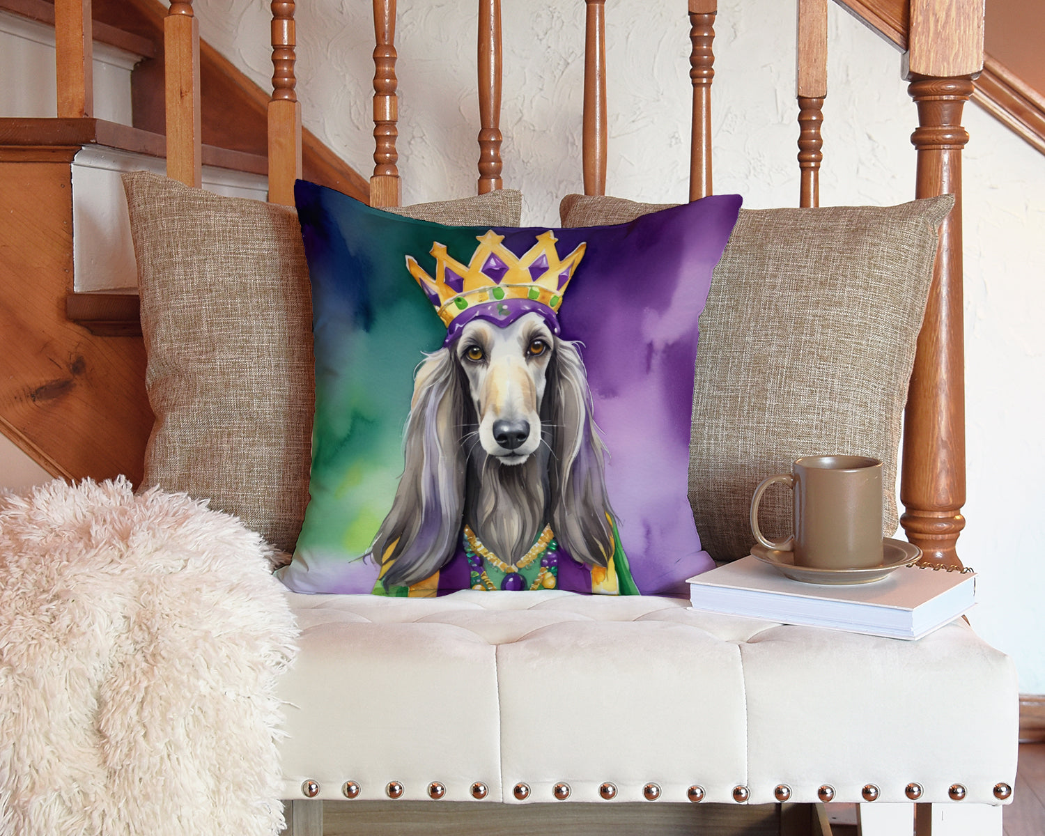 Afghan Hound King of Mardi Gras Decorative Throw Pillow 14x14 Indoor Outdoor Accent Cushion, Fabric Cover with Insert for Sofa, Bed, Porch & Living Room