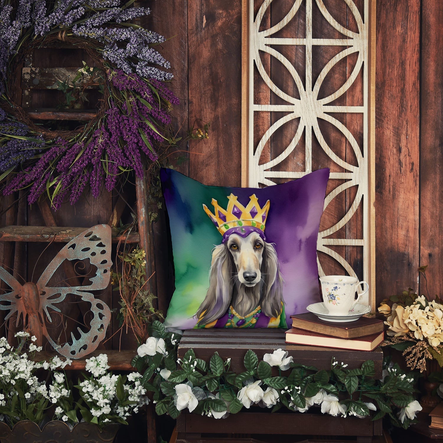 Afghan Hound King of Mardi Gras Decorative Throw Pillow 14x14 Indoor Outdoor Accent Cushion, Fabric Cover with Insert for Sofa, Bed, Porch & Living Room