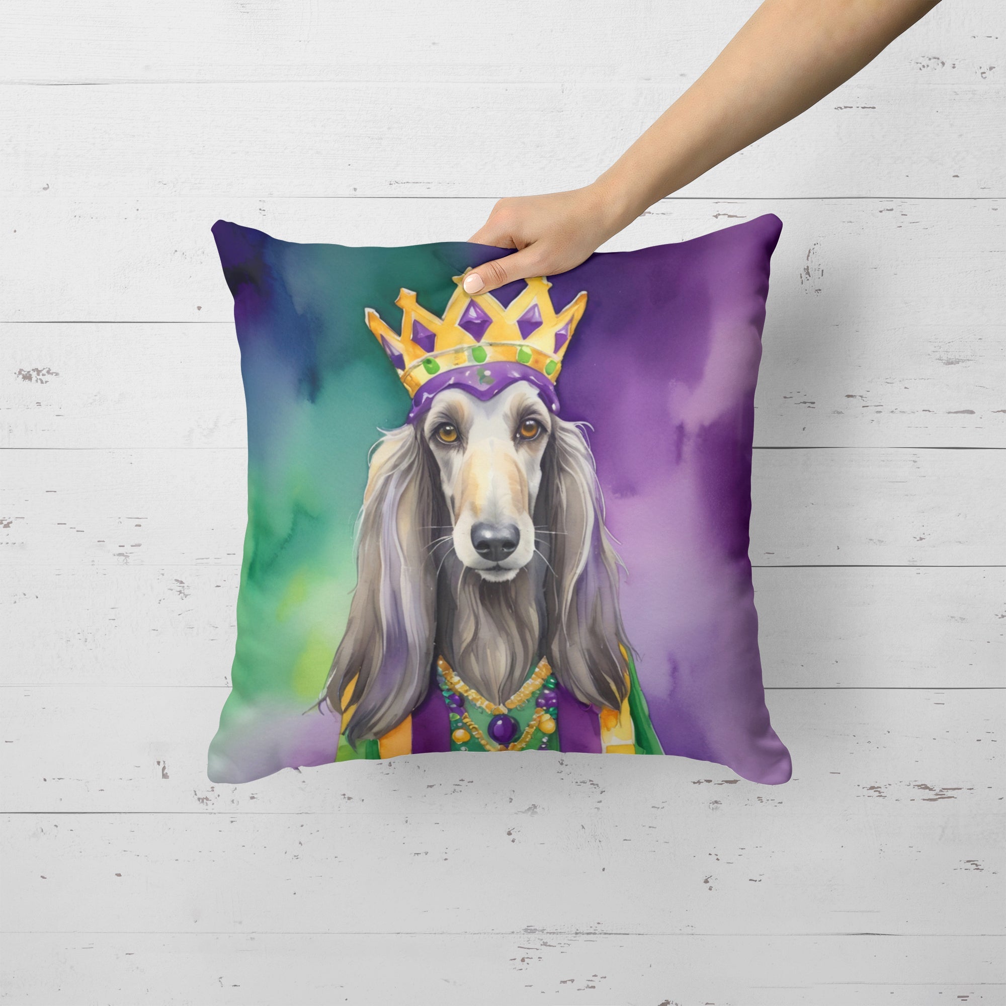 Afghan Hound King of Mardi Gras Decorative Throw Pillow 18x18 Indoor Outdoor Accent Cushion, Fabric Cover with Insert for Sofa, Bed, Porch & Living Room