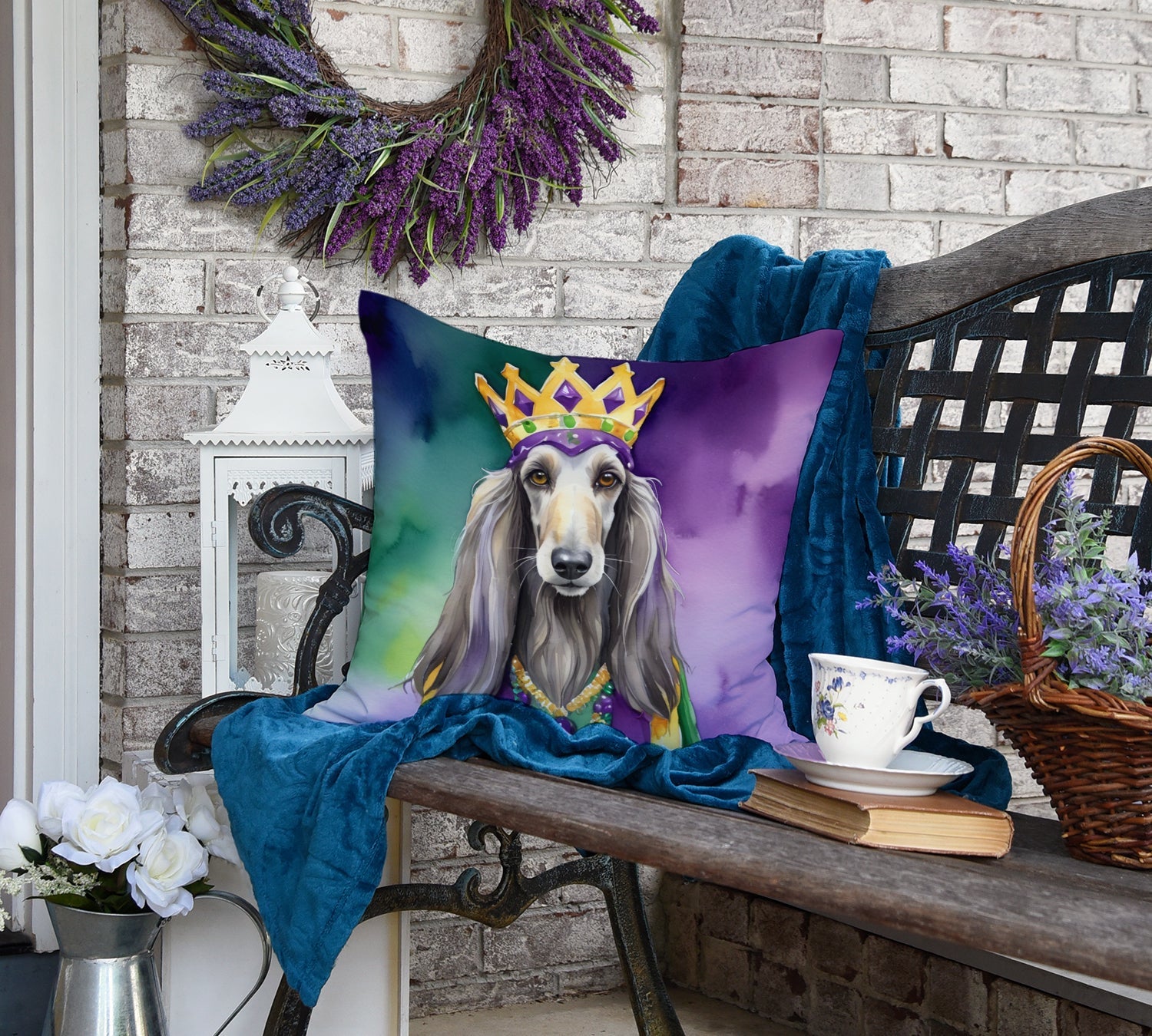 Afghan Hound King of Mardi Gras Decorative Throw Pillow 18x18 Indoor Outdoor Accent Cushion, Fabric Cover with Insert for Sofa, Bed, Porch & Living Room