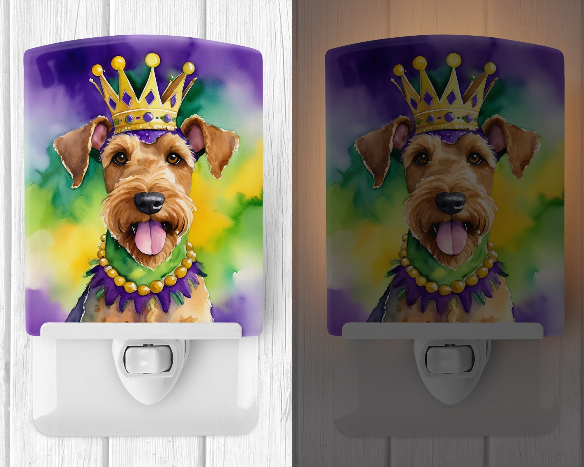 Airedale Terrier King of Mardi Gras Ceramic Night Light Compact, UL-Certified, Ideal for Bedroom, Bathroom, Nursery, Hallway, Kitchen, 6x4x3, Multicolor