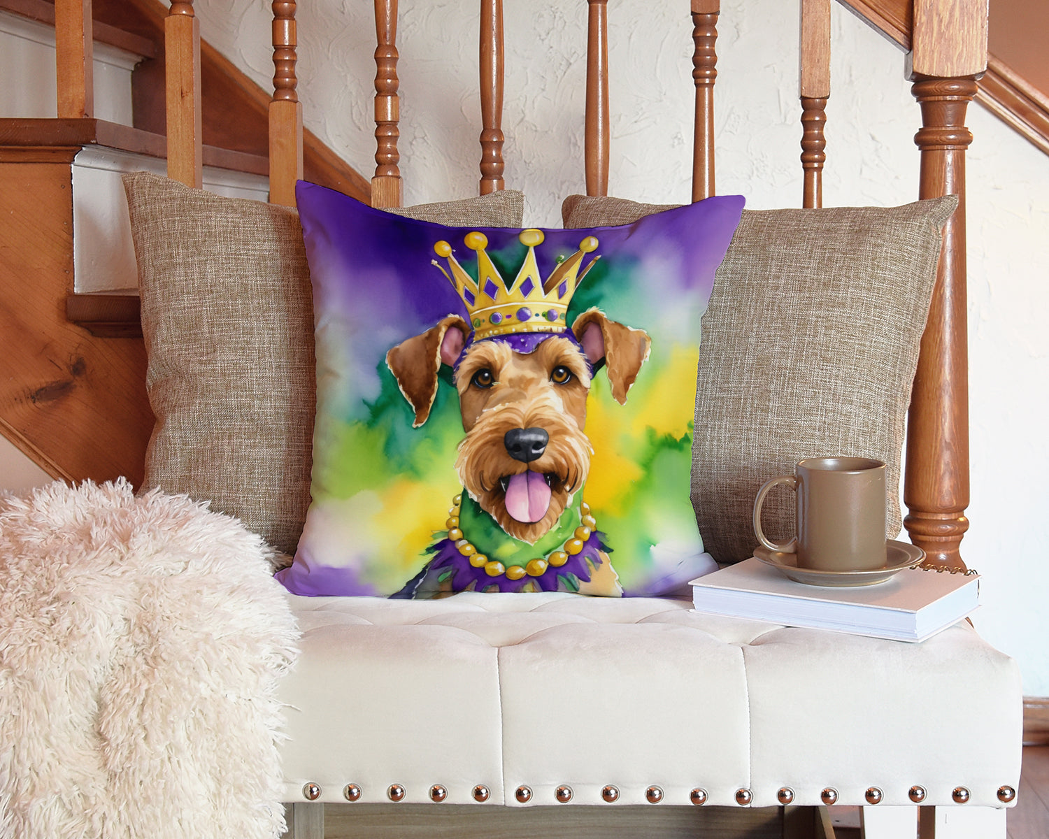 Airedale Terrier King of Mardi Gras Decorative Throw Pillow 14x14 Indoor Outdoor Accent Cushion, Fabric Cover with Insert for Sofa, Bed, Porch & Living Room