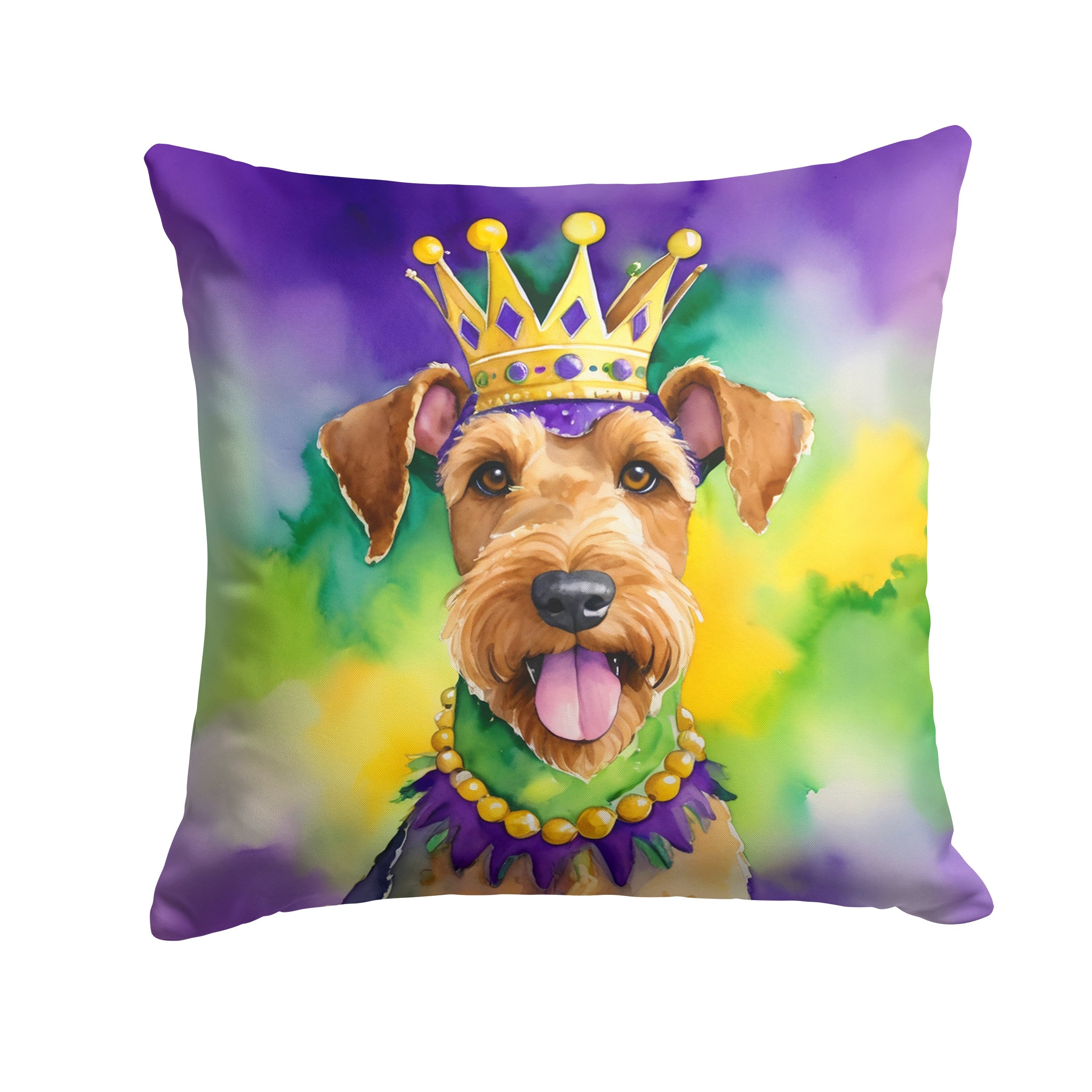 Airedale Terrier King of Mardi Gras Decorative Throw Pillow 18x18 Indoor Outdoor Accent Cushion, Fabric Cover with Insert for Sofa, Bed, Porch & Living Room