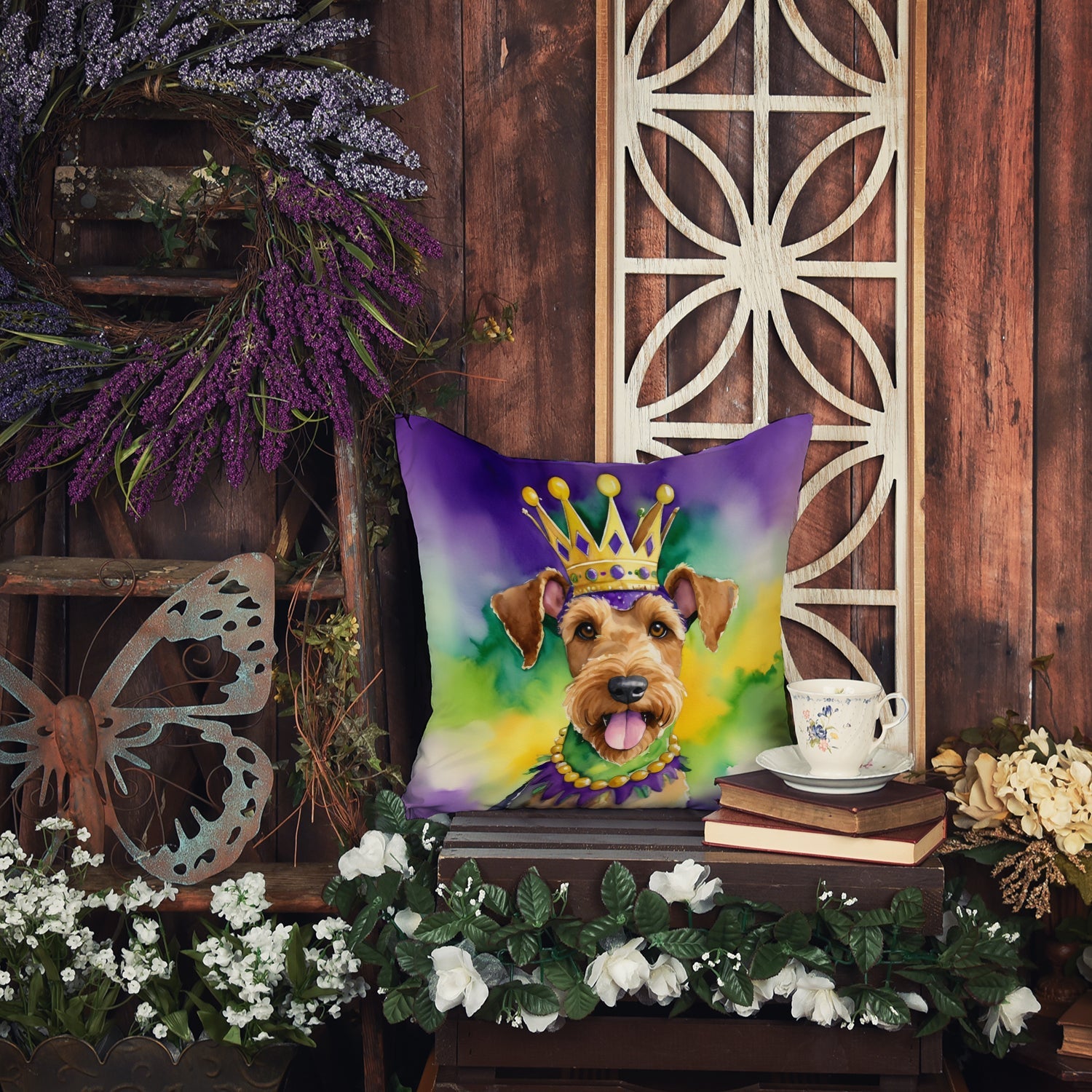 Airedale Terrier King of Mardi Gras Decorative Throw Pillow 18x18 Indoor Outdoor Accent Cushion, Fabric Cover with Insert for Sofa, Bed, Porch & Living Room