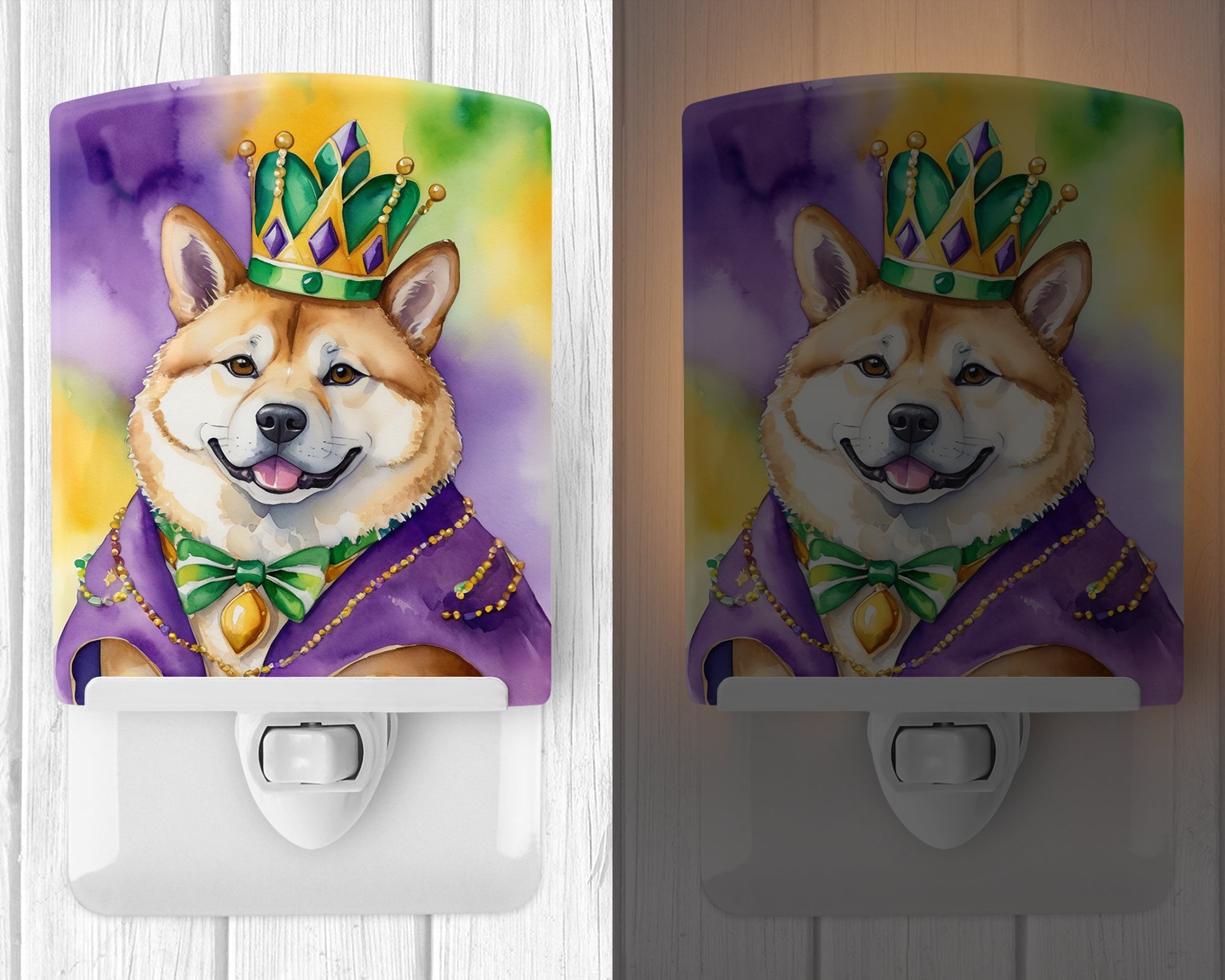 Akita King of Mardi Gras Ceramic Night Light Compact, UL-Certified, Ideal for Bedroom, Bathroom, Nursery, Hallway, Kitchen, 6x4x3, Multicolor