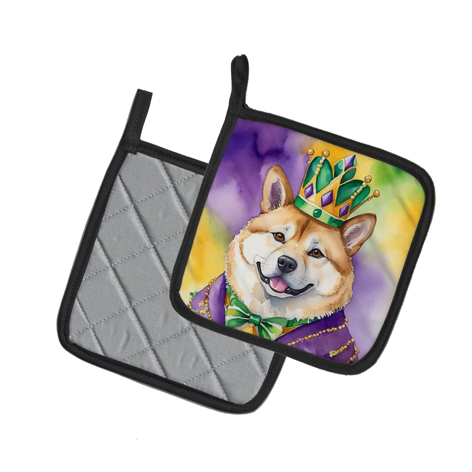 Akita King of Mardi Gras Pot Holder Set of 2 Heat Resistant Quilted Hot Pads 7.5 x 7.5 Inch, Insulated Kitchen Trivets for Cooking & Baking