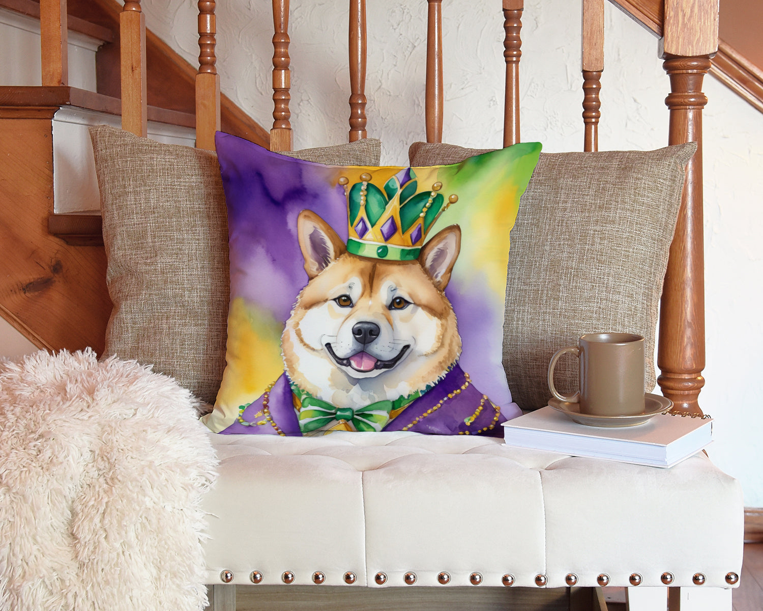 Akita King of Mardi Gras Decorative Throw Pillow 14x14 Indoor Outdoor Accent Cushion, Fabric Cover with Insert for Sofa, Bed, Porch & Living Room