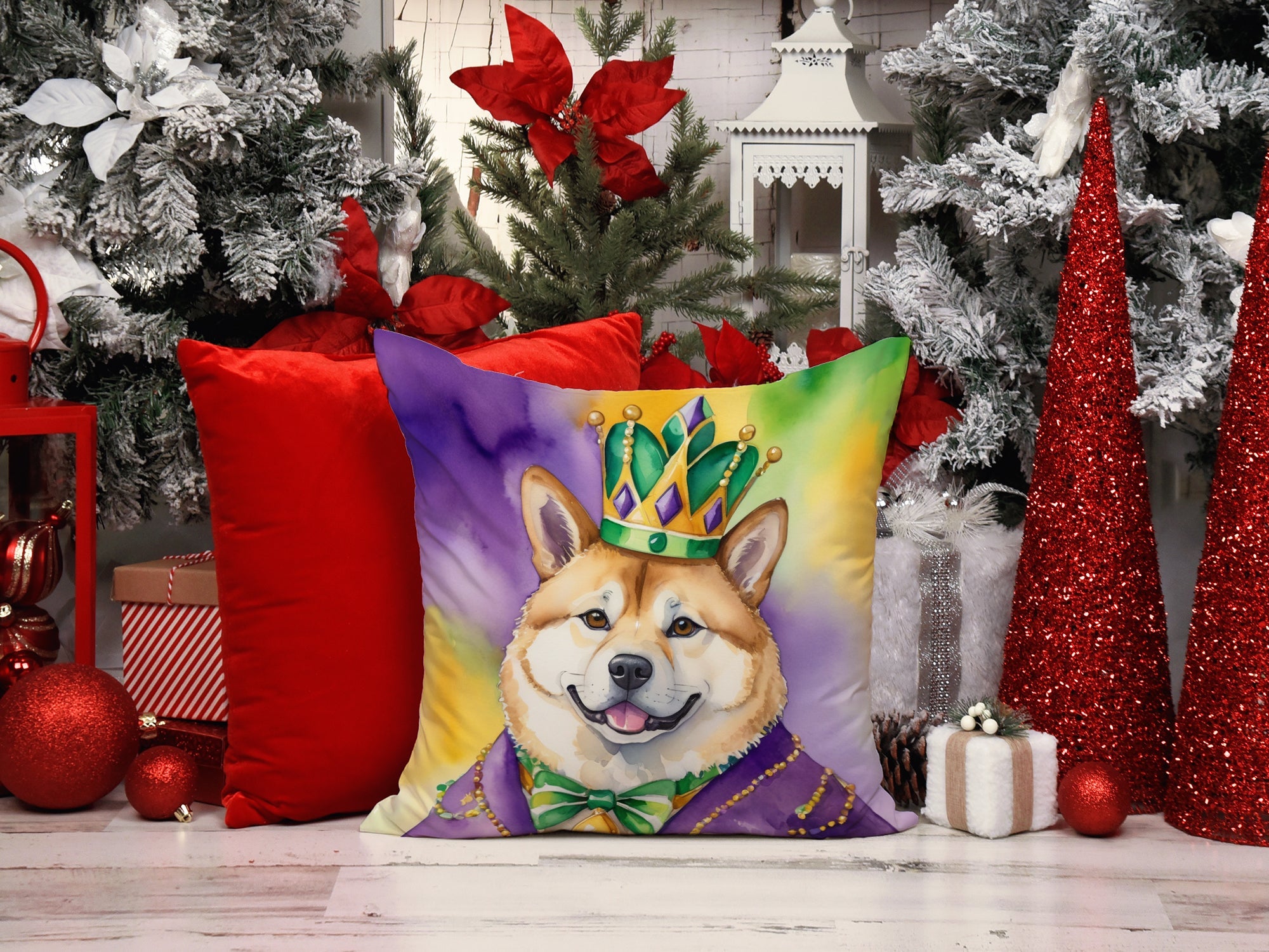 Akita King of Mardi Gras Decorative Throw Pillow 18x18 Indoor Outdoor Accent Cushion, Fabric Cover with Insert for Sofa, Bed, Porch & Living Room