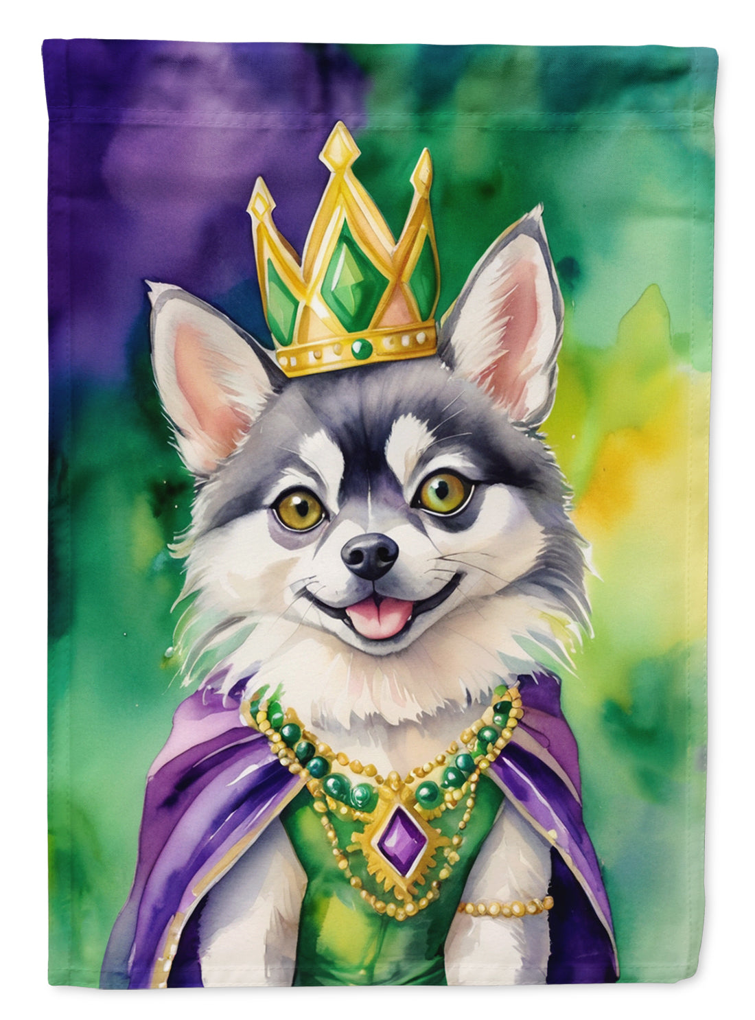 Alaskan Klee Kai King of Mardi Gras House Flag 28x40 Porch Sleeve Pole Decorative Outside Yard Banner Artwork Wall Hanging, Polyester