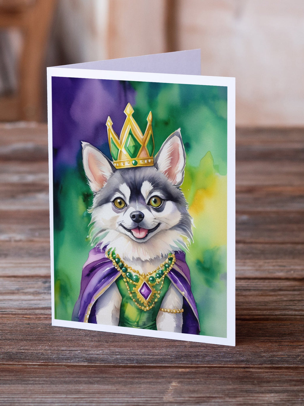 Alaskan Klee Kai King of Mardi Gras Greeting Cards Pack of 8 Blank Cards with Envelopes Whimsical A7 Size 5x7