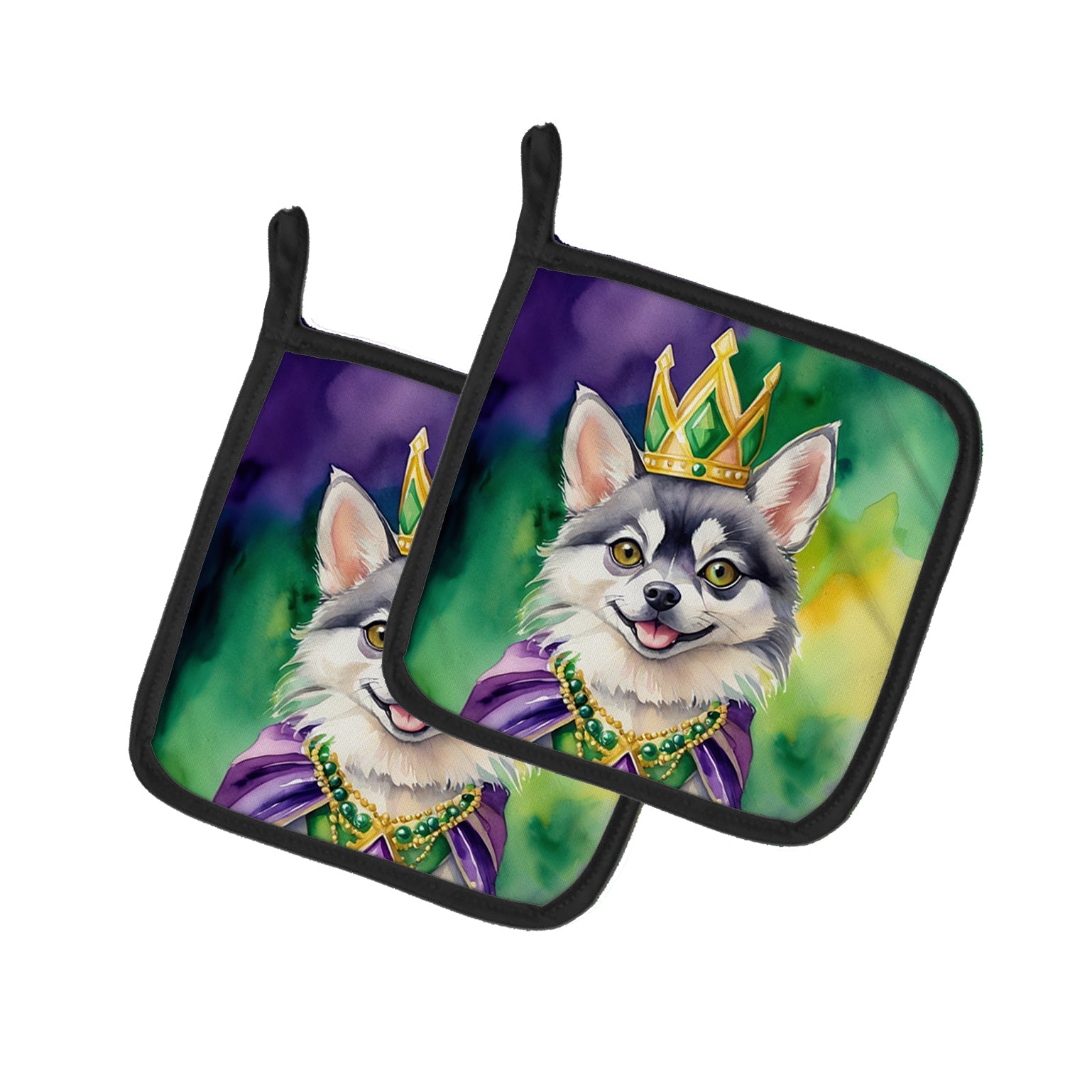 Alaskan Klee Kai King of Mardi Gras Pot Holder Set of 2 Heat Resistant Quilted Hot Pads 7.5 x 7.5 Inch, Insulated Kitchen Trivets for Cooking & Baking