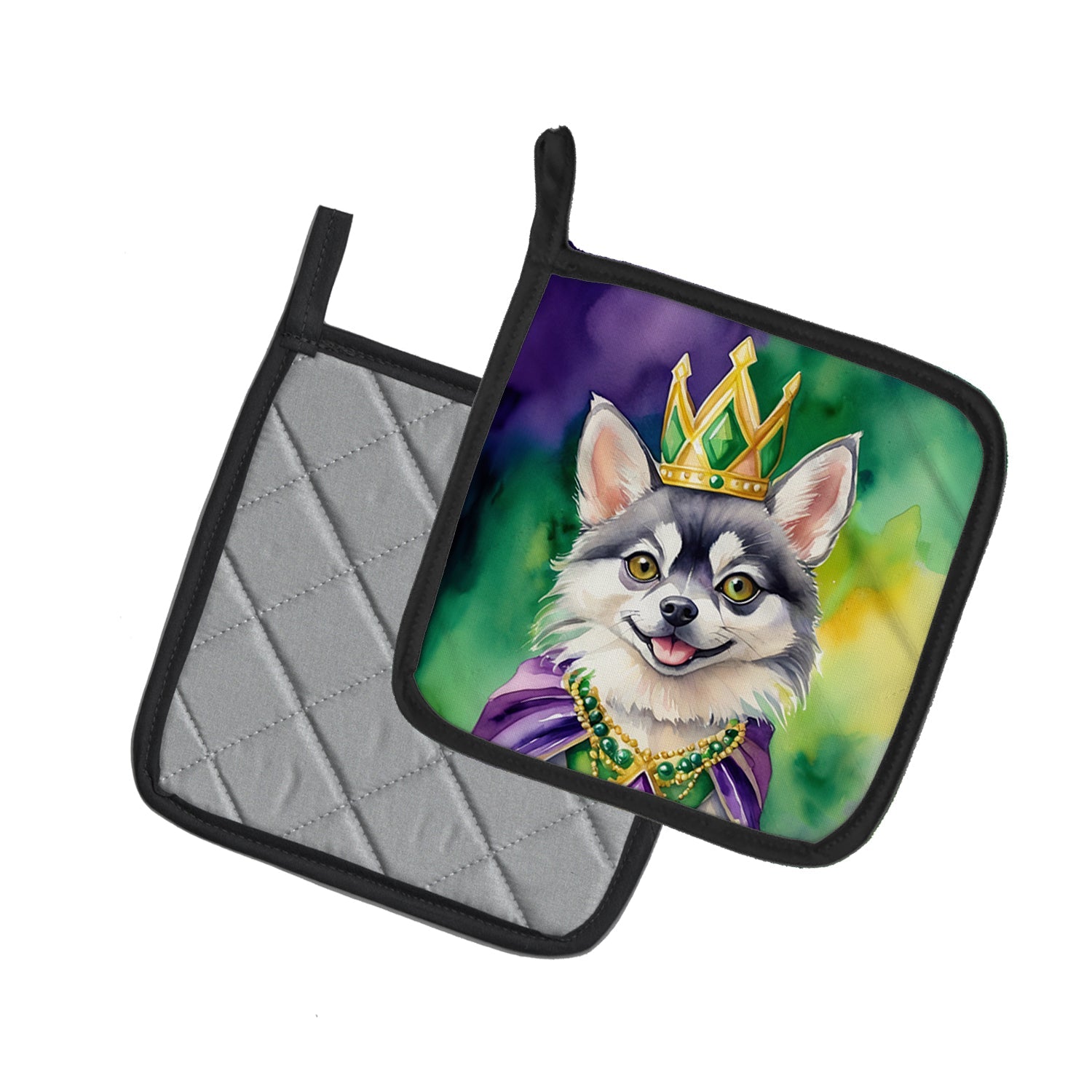 Alaskan Klee Kai King of Mardi Gras Pot Holder Set of 2 Heat Resistant Quilted Hot Pads 7.5 x 7.5 Inch, Insulated Kitchen Trivets for Cooking & Baking