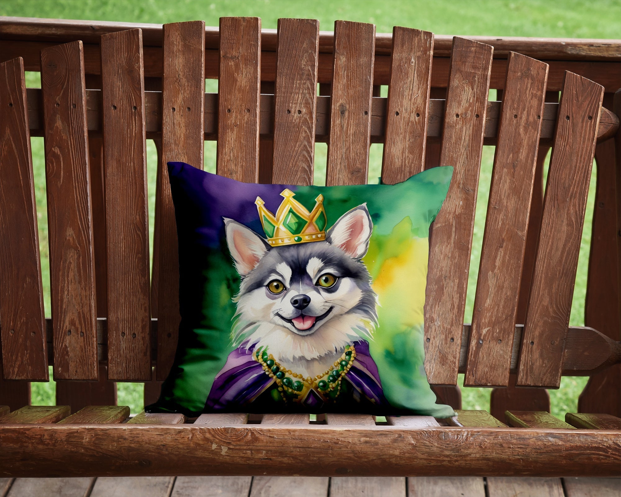Alaskan Klee Kai King of Mardi Gras Decorative Throw Pillow 14x14 Indoor Outdoor Accent Cushion, Fabric Cover with Insert for Sofa, Bed, Porch & Living Room