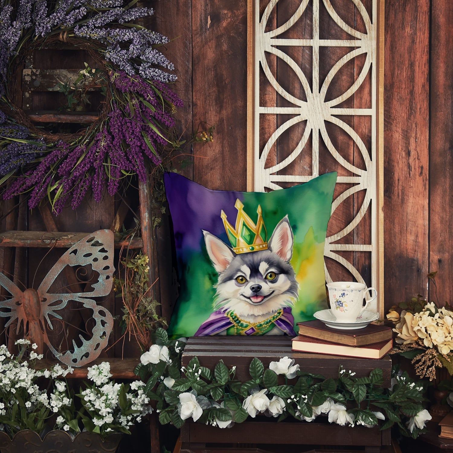 Alaskan Klee Kai King of Mardi Gras Decorative Throw Pillow 14x14 Indoor Outdoor Accent Cushion, Fabric Cover with Insert for Sofa, Bed, Porch & Living Room