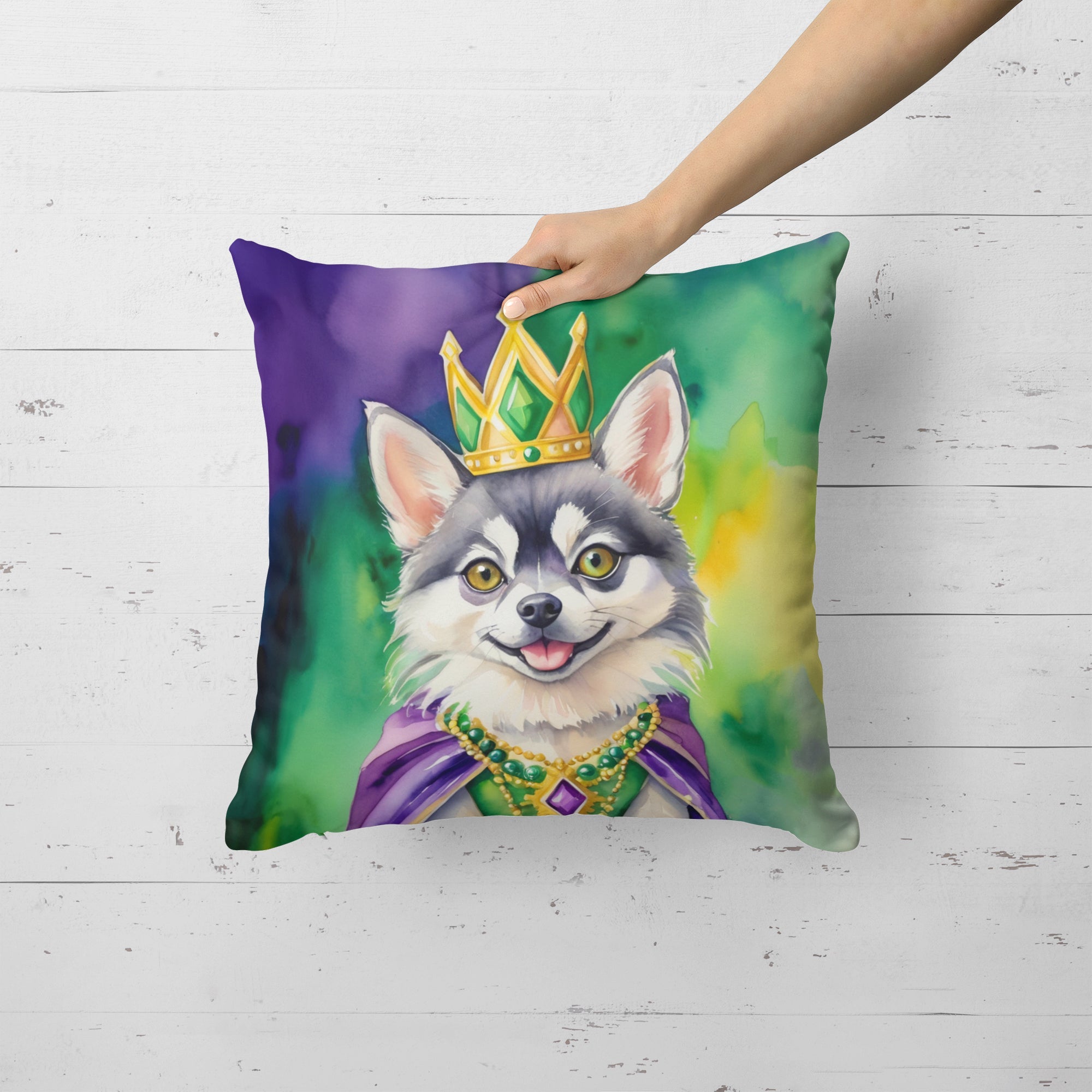 Alaskan Klee Kai King of Mardi Gras Decorative Throw Pillow 18x18 Indoor Outdoor Accent Cushion, Fabric Cover with Insert for Sofa, Bed, Porch & Living Room