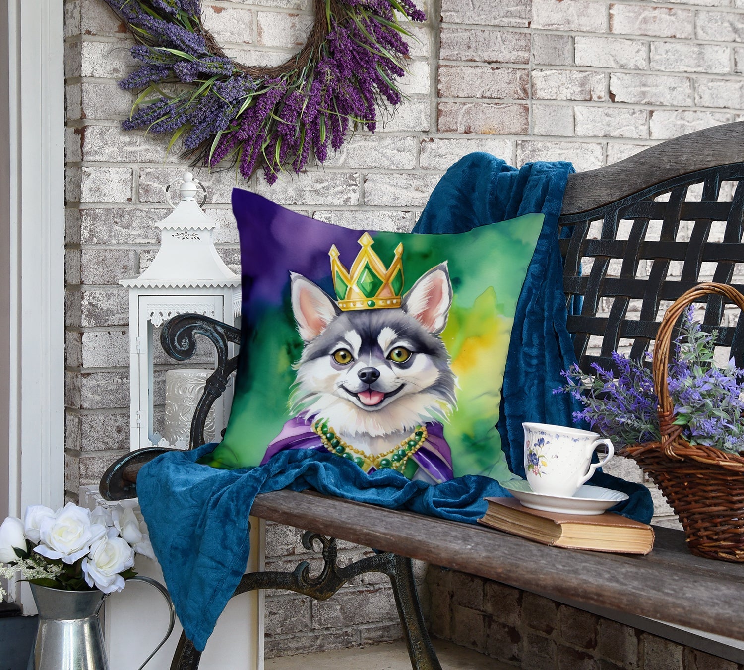 Alaskan Klee Kai King of Mardi Gras Decorative Throw Pillow 18x18 Indoor Outdoor Accent Cushion, Fabric Cover with Insert for Sofa, Bed, Porch & Living Room