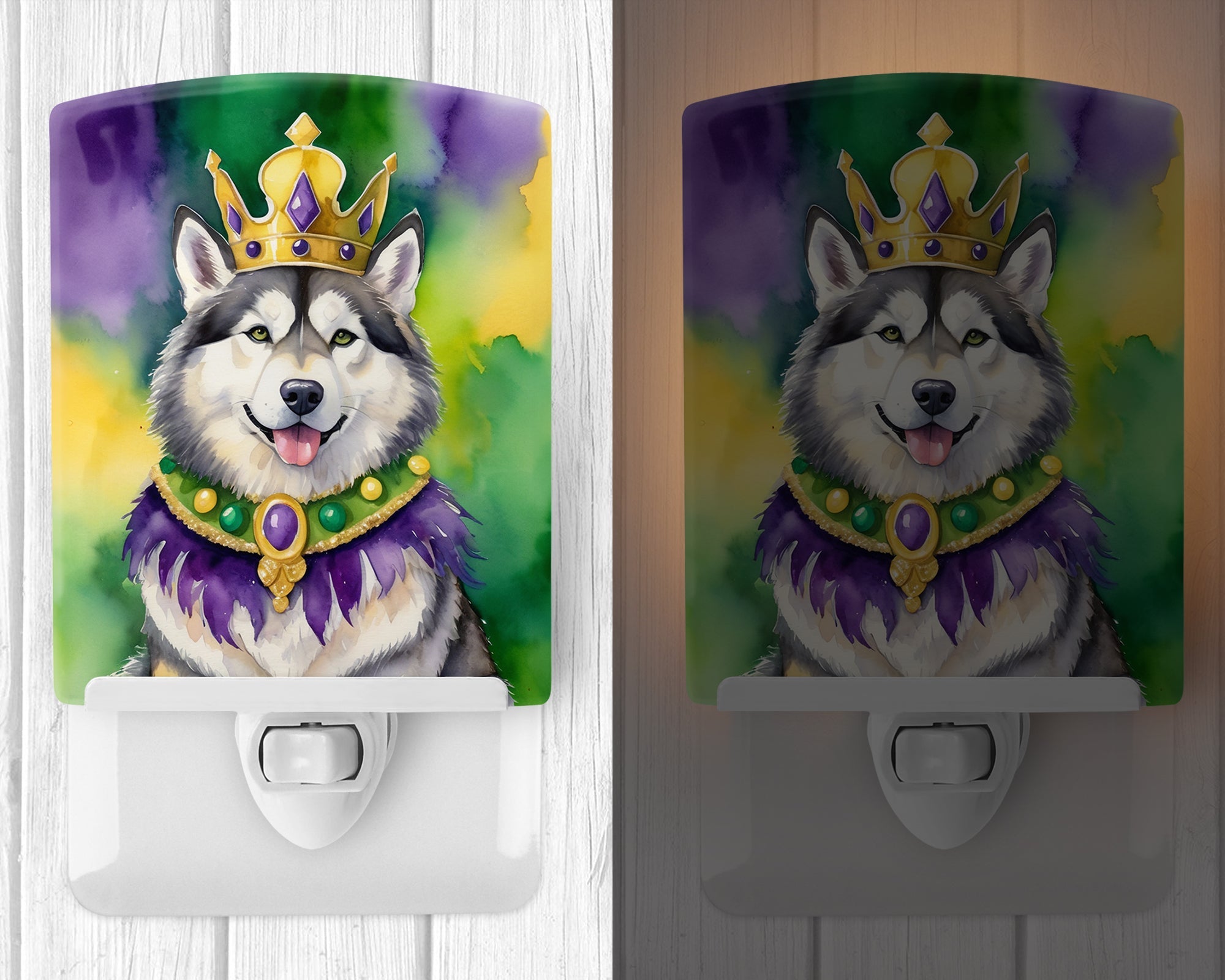 Alaskan Malamute King of Mardi Gras Ceramic Night Light Compact, UL-Certified, Ideal for Bedroom, Bathroom, Nursery, Hallway, Kitchen, 6x4x3, Multicolor