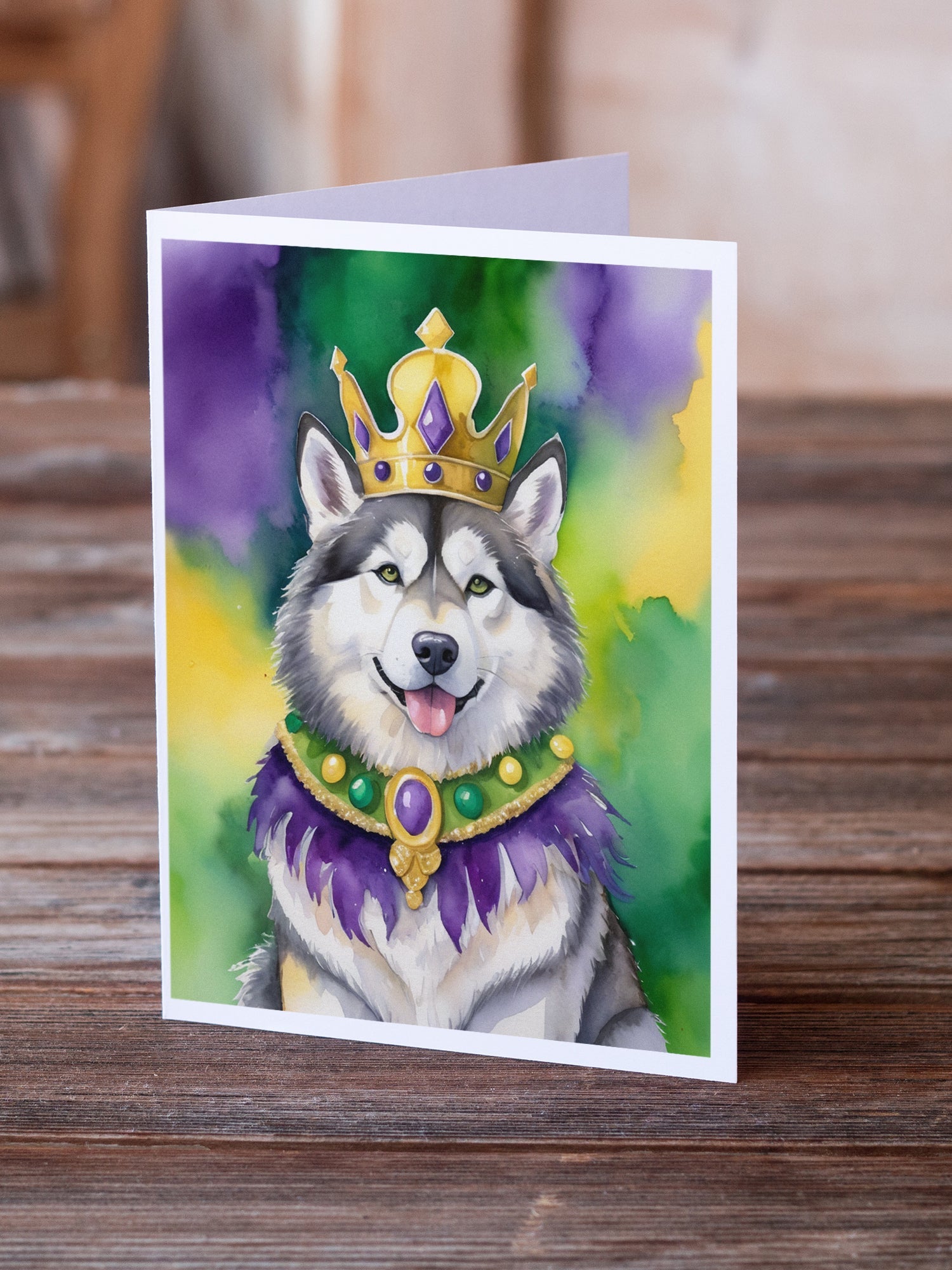 Alaskan Malamute King of Mardi Gras Greeting Cards Pack of 8 Blank Cards with Envelopes Whimsical A7 Size 5x7