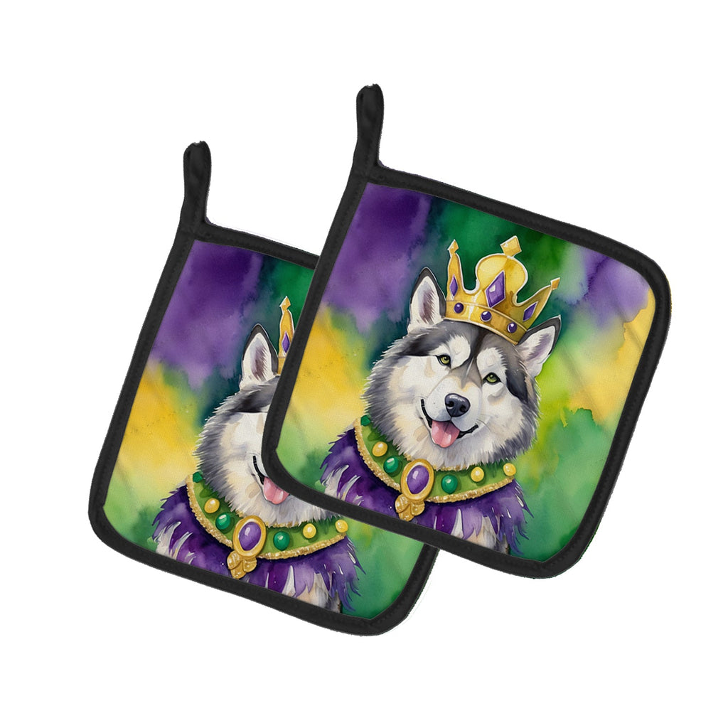 Alaskan Malamute King of Mardi Gras Pot Holder Set of 2 Heat Resistant Quilted Hot Pads 7.5 x 7.5 Inch, Insulated Kitchen Trivets for Cooking & Baking