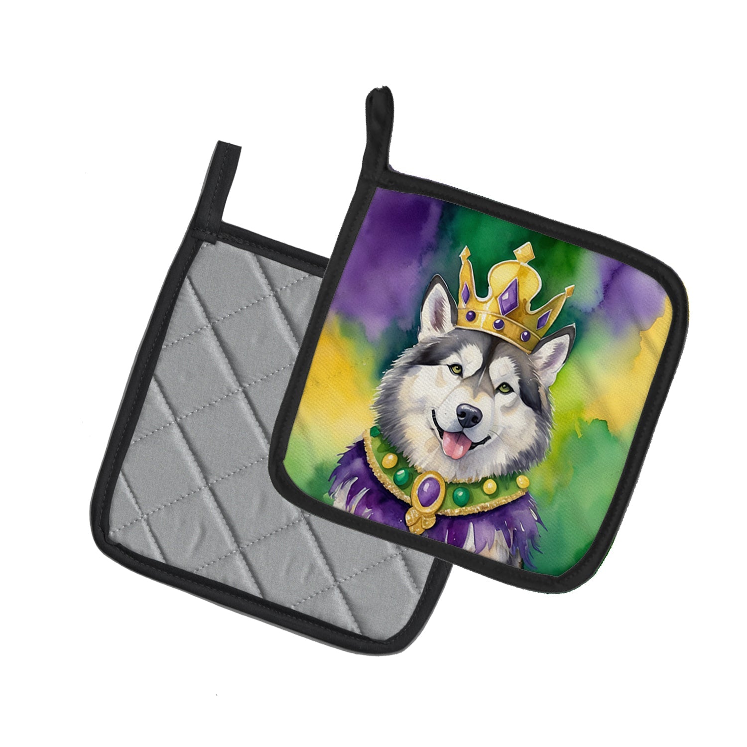 Alaskan Malamute King of Mardi Gras Pot Holder Set of 2 Heat Resistant Quilted Hot Pads 7.5 x 7.5 Inch, Insulated Kitchen Trivets for Cooking & Baking