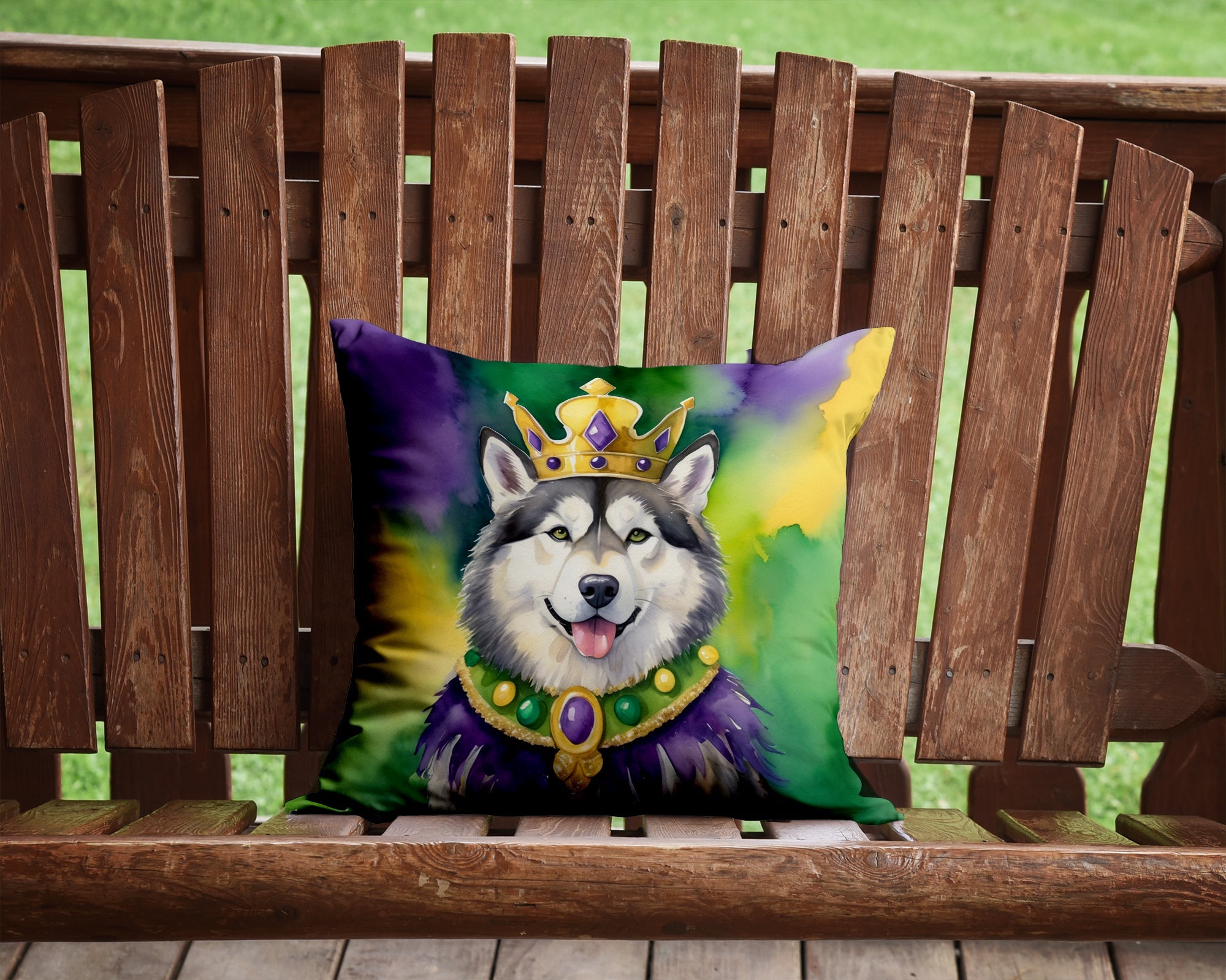 Alaskan Malamute King of Mardi Gras Decorative Throw Pillow 14x14 Indoor Outdoor Accent Cushion, Fabric Cover with Insert for Sofa, Bed, Porch & Living Room