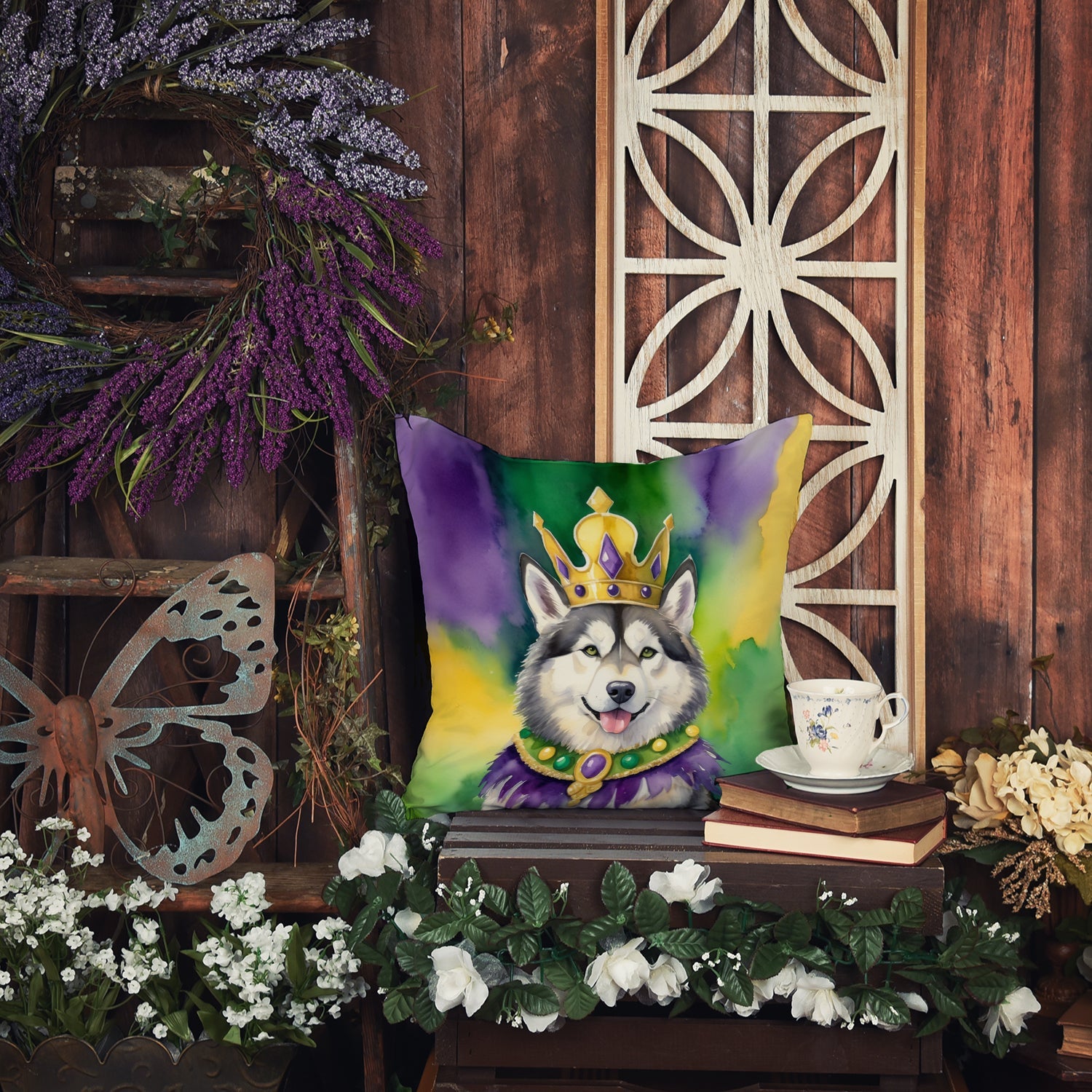 Alaskan Malamute King of Mardi Gras Decorative Throw Pillow 14x14 Indoor Outdoor Accent Cushion, Fabric Cover with Insert for Sofa, Bed, Porch & Living Room