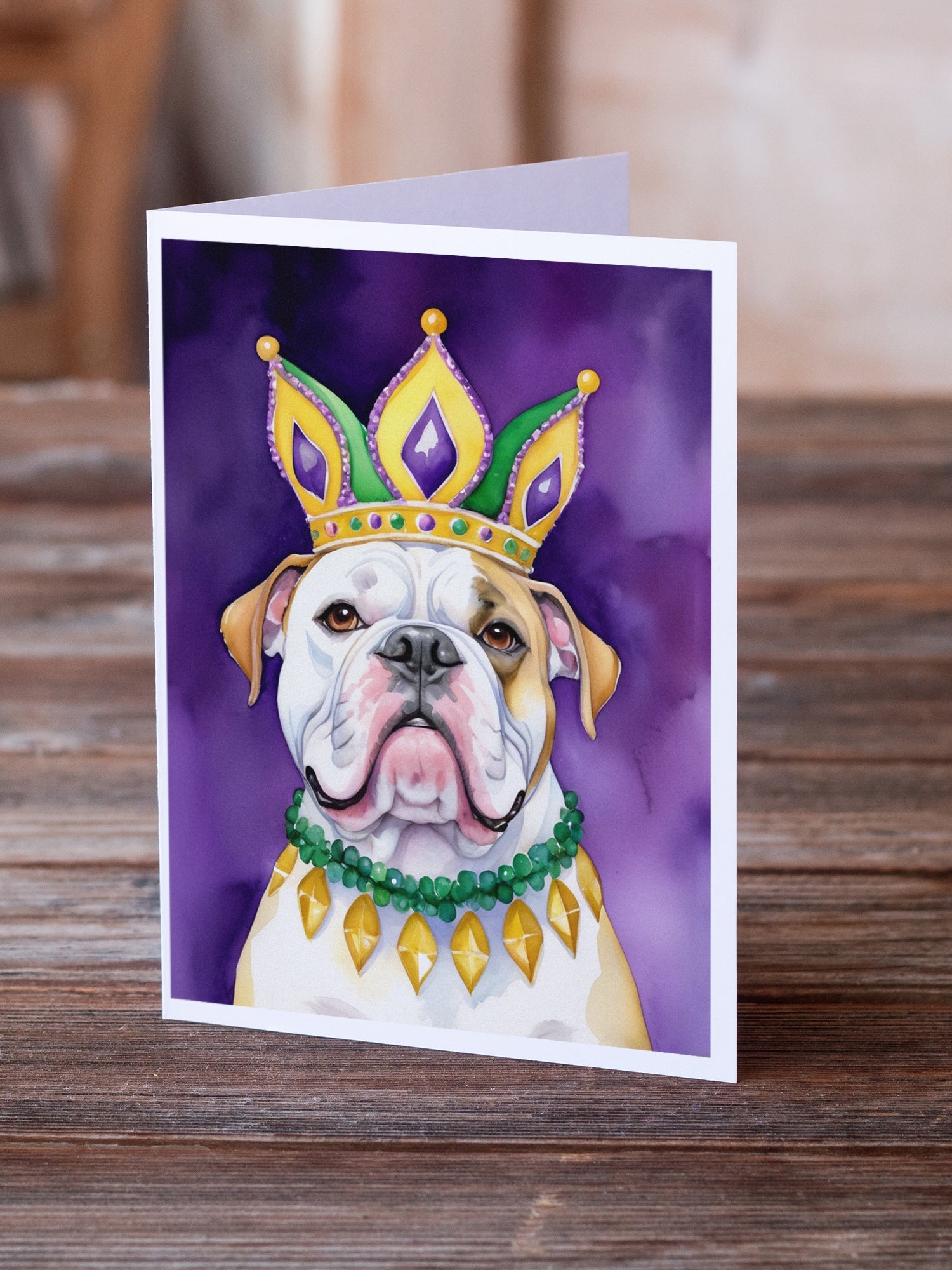 American Bulldog King of Mardi Gras Greeting Cards Pack of 8 Blank Cards with Envelopes Whimsical A7 Size 5x7
