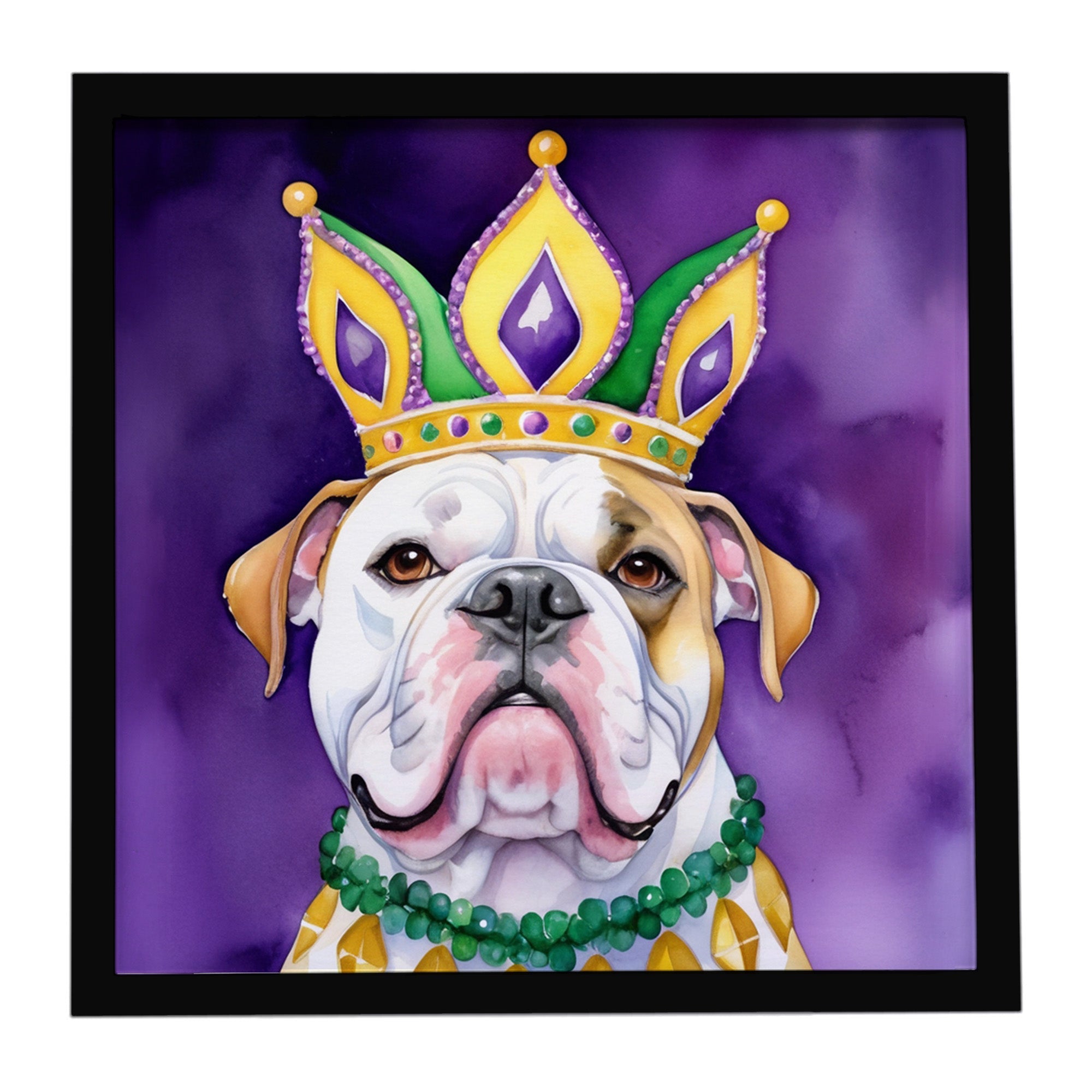 American Bulldog King of Mardi Gras Framed Metal Print Bathroom, Kitchen, Office, Home Decor Wall Art Ready to Hang, Square, 8X8