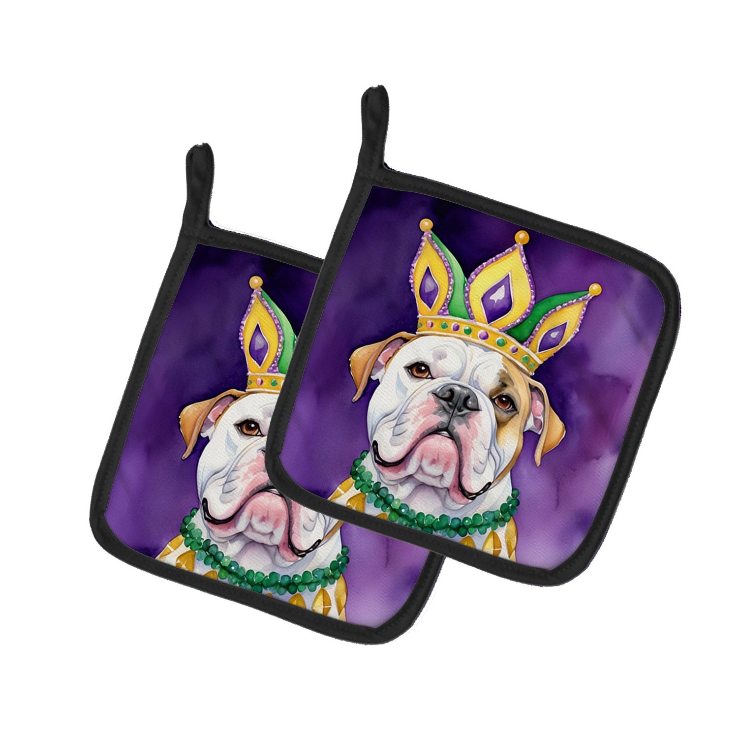 American Bulldog King of Mardi Gras Pot Holder Set of 2 Heat Resistant Quilted Hot Pads 7.5 x 7.5 Inch, Insulated Kitchen Trivets for Cooking & Baking