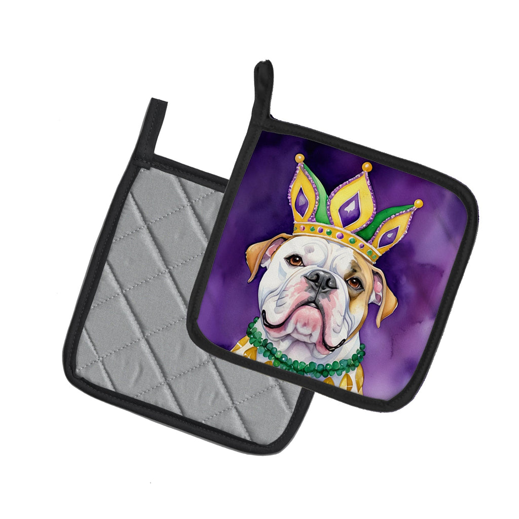 American Bulldog King of Mardi Gras Pot Holder Set of 2 Heat Resistant Quilted Hot Pads 7.5 x 7.5 Inch, Insulated Kitchen Trivets for Cooking & Baking