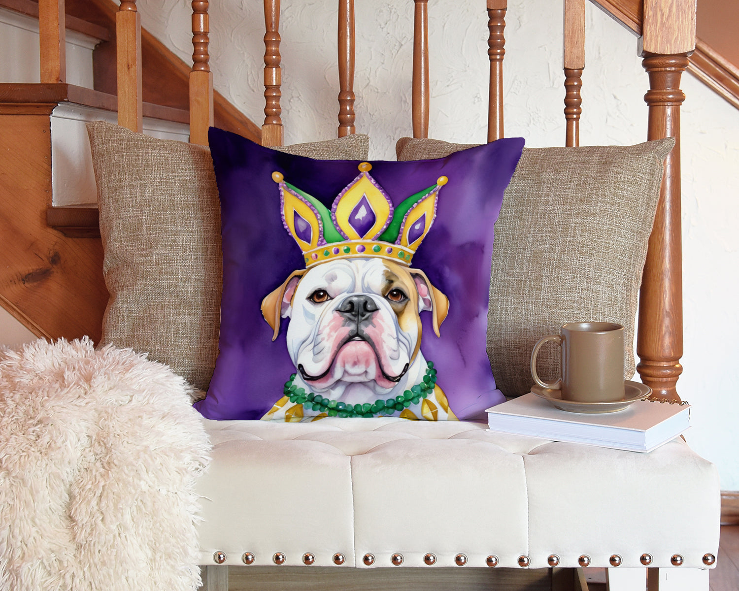 American Bulldog King of Mardi Gras Decorative Throw Pillow 14x14 Indoor Outdoor Accent Cushion, Fabric Cover with Insert for Sofa, Bed, Porch & Living Room
