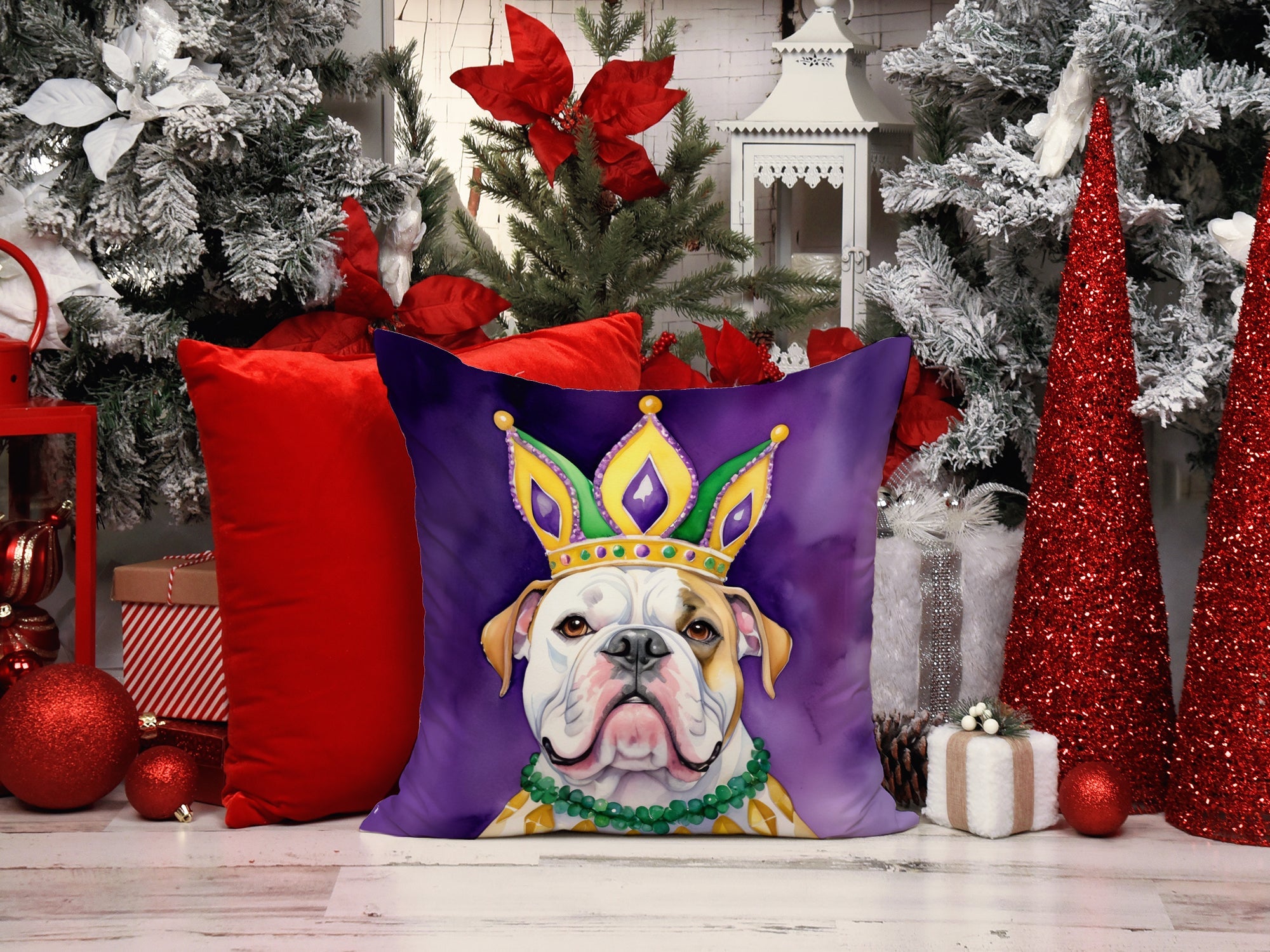 American Bulldog King of Mardi Gras Decorative Throw Pillow 14x14 Indoor Outdoor Accent Cushion, Fabric Cover with Insert for Sofa, Bed, Porch & Living Room