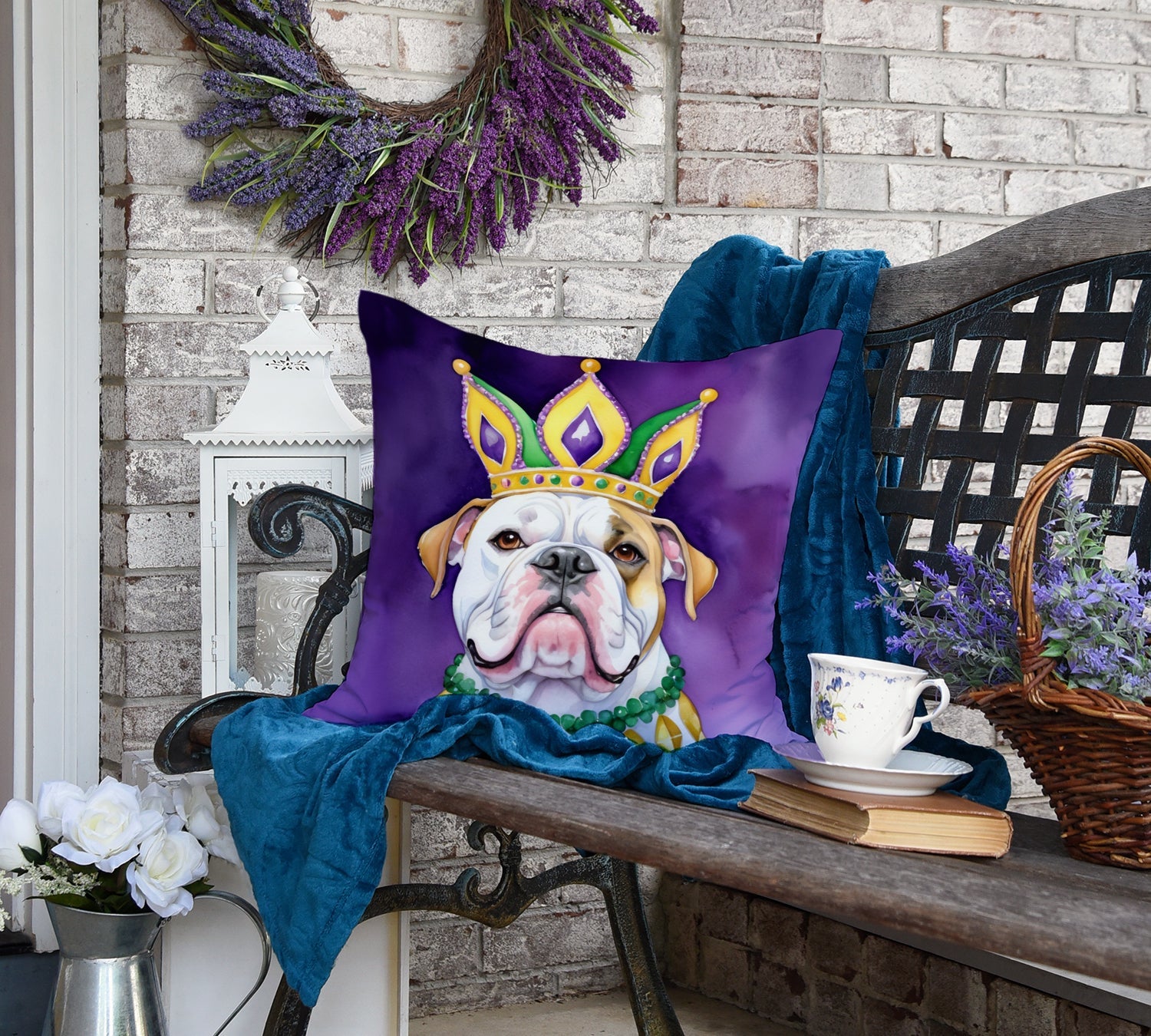 American Bulldog King of Mardi Gras Decorative Throw Pillow 18x18 Indoor Outdoor Accent Cushion, Fabric Cover with Insert for Sofa, Bed, Porch & Living Room