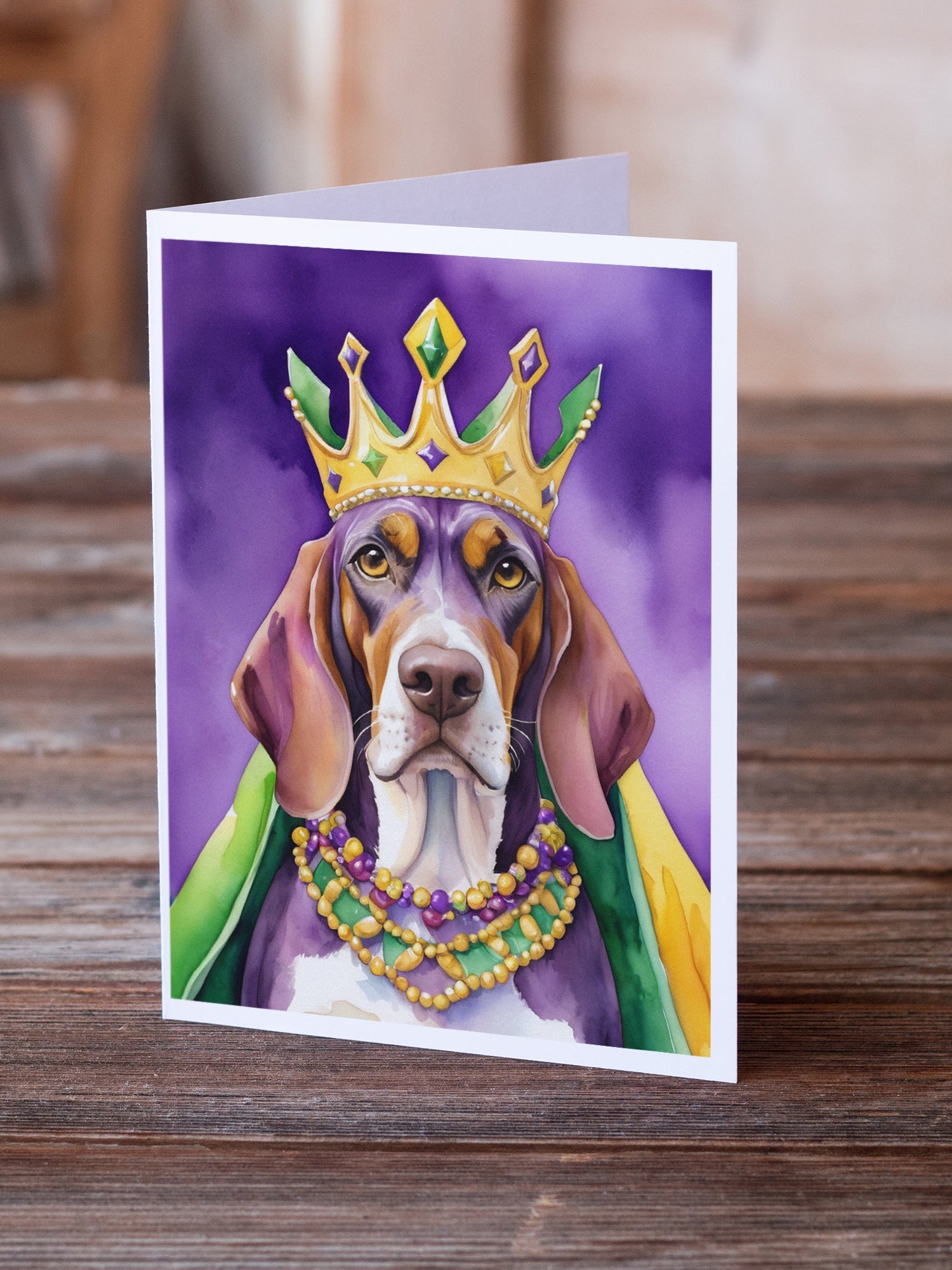American English Coonhound King of Mardi Gras Greeting Cards Pack of 8 Blank Cards with Envelopes Whimsical A7 Size 5x7