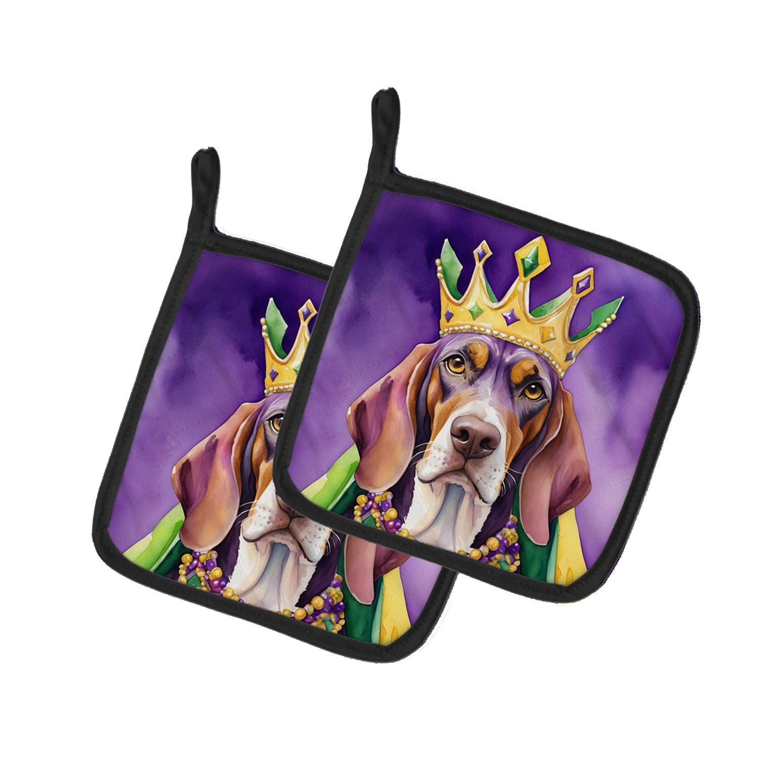 American English Coonhound King of Mardi Gras Pot Holder Set of 2 Heat Resistant Quilted Hot Pads 7.5 x 7.5 Inch, Insulated Kitchen Trivets for Cooking & Baking