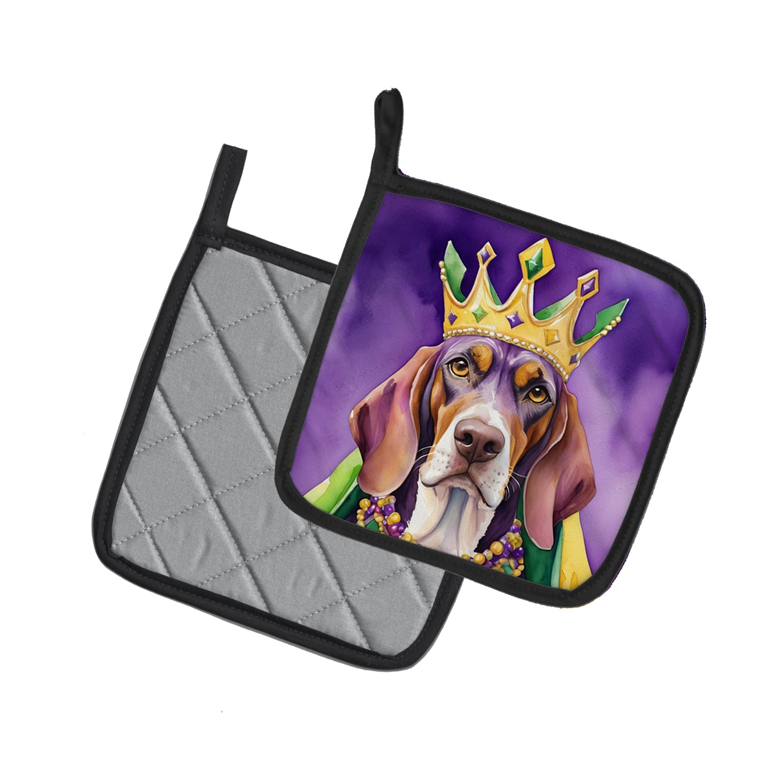 American English Coonhound King of Mardi Gras Pot Holder Set of 2 Heat Resistant Quilted Hot Pads 7.5 x 7.5 Inch, Insulated Kitchen Trivets for Cooking & Baking