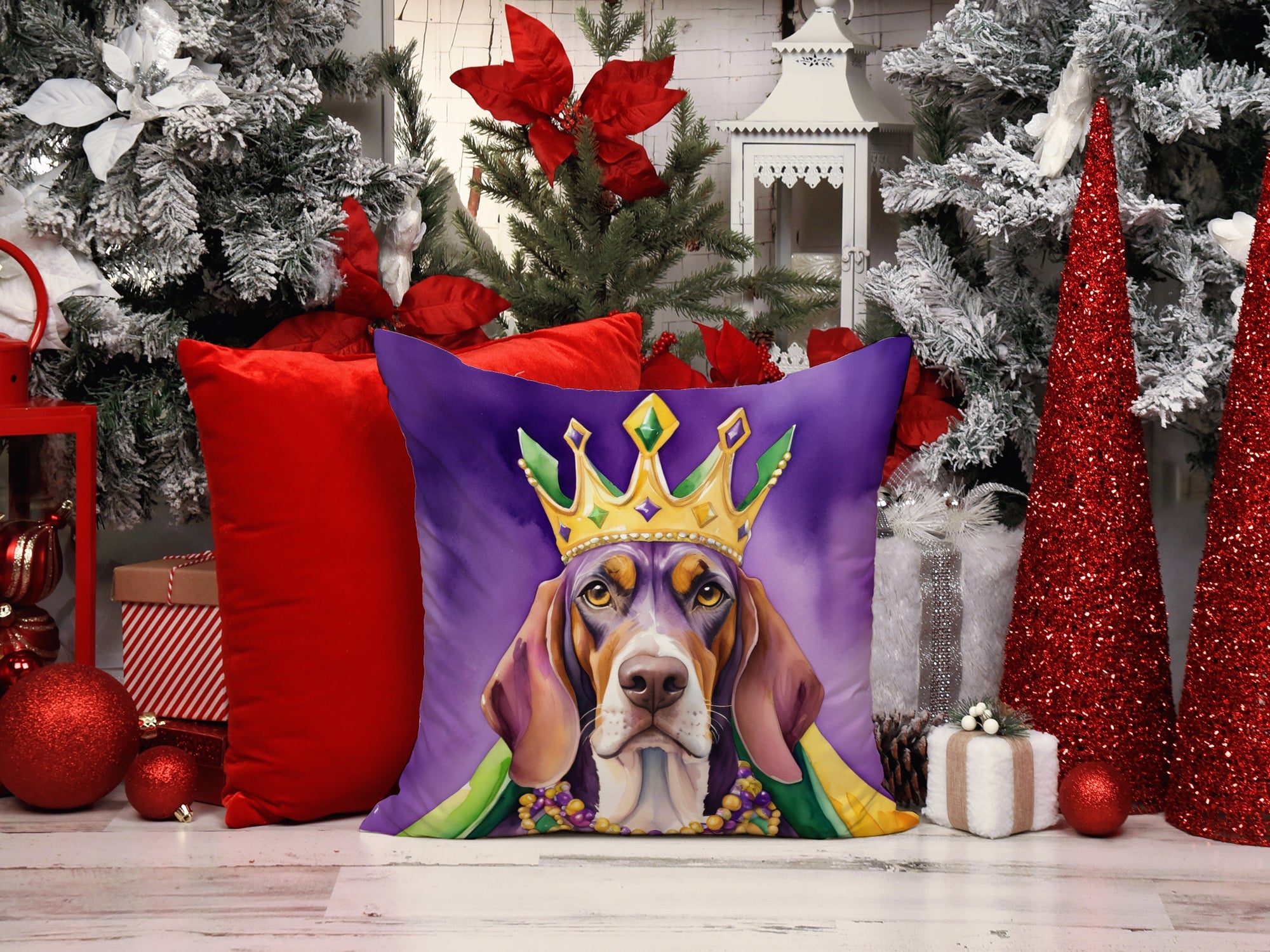 American English Coonhound King of Mardi Gras Decorative Throw Pillow 14x14 Indoor Outdoor Accent Cushion, Fabric Cover with Insert for Sofa, Bed, Porch & Living Room