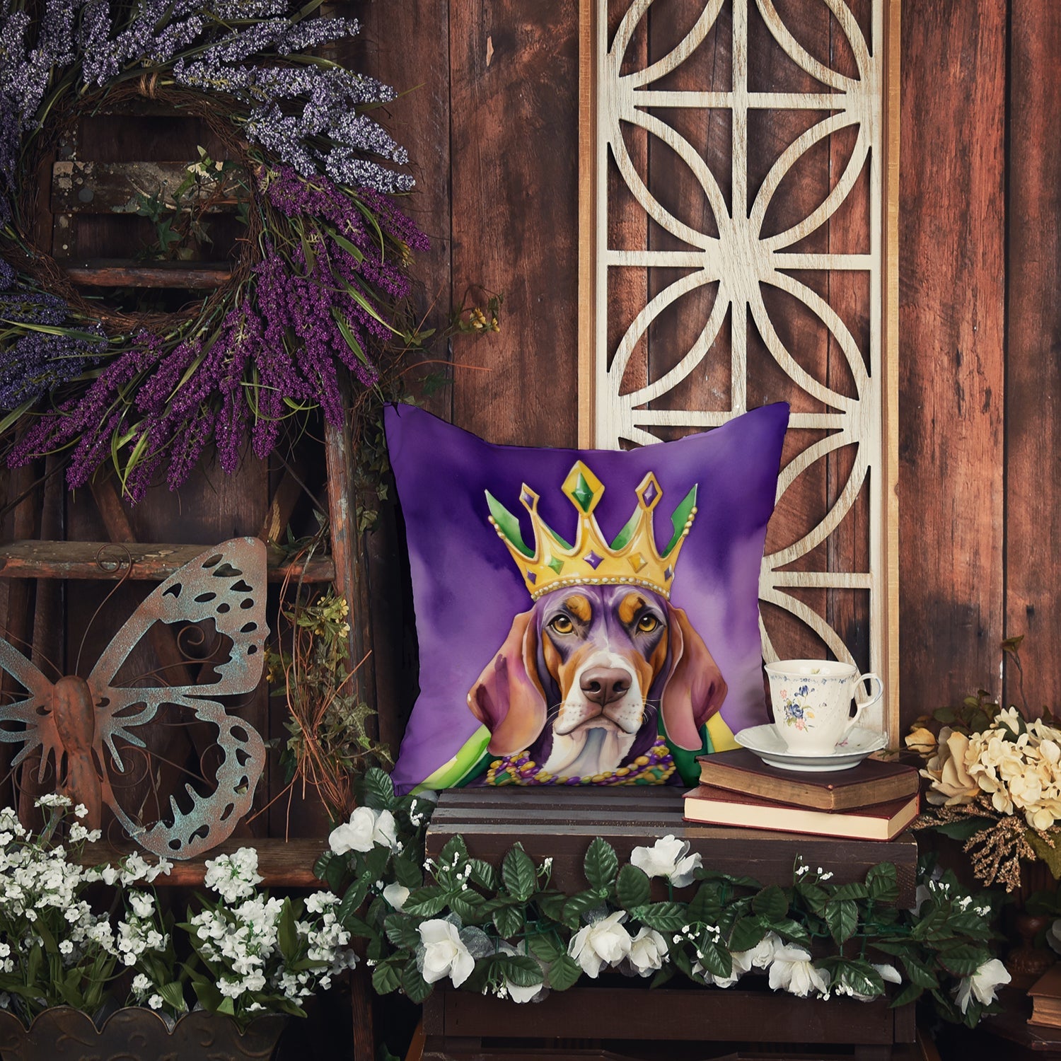 American English Coonhound King of Mardi Gras Decorative Throw Pillow 18x18 Indoor Outdoor Accent Cushion, Fabric Cover with Insert for Sofa, Bed, Porch & Living Room