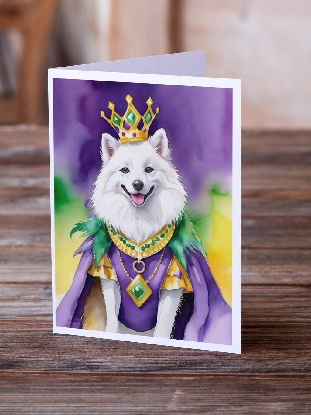 American Eskimo King of Mardi Gras Greeting Cards Pack of 8 Blank Cards with Envelopes Whimsical A7 Size 5x7