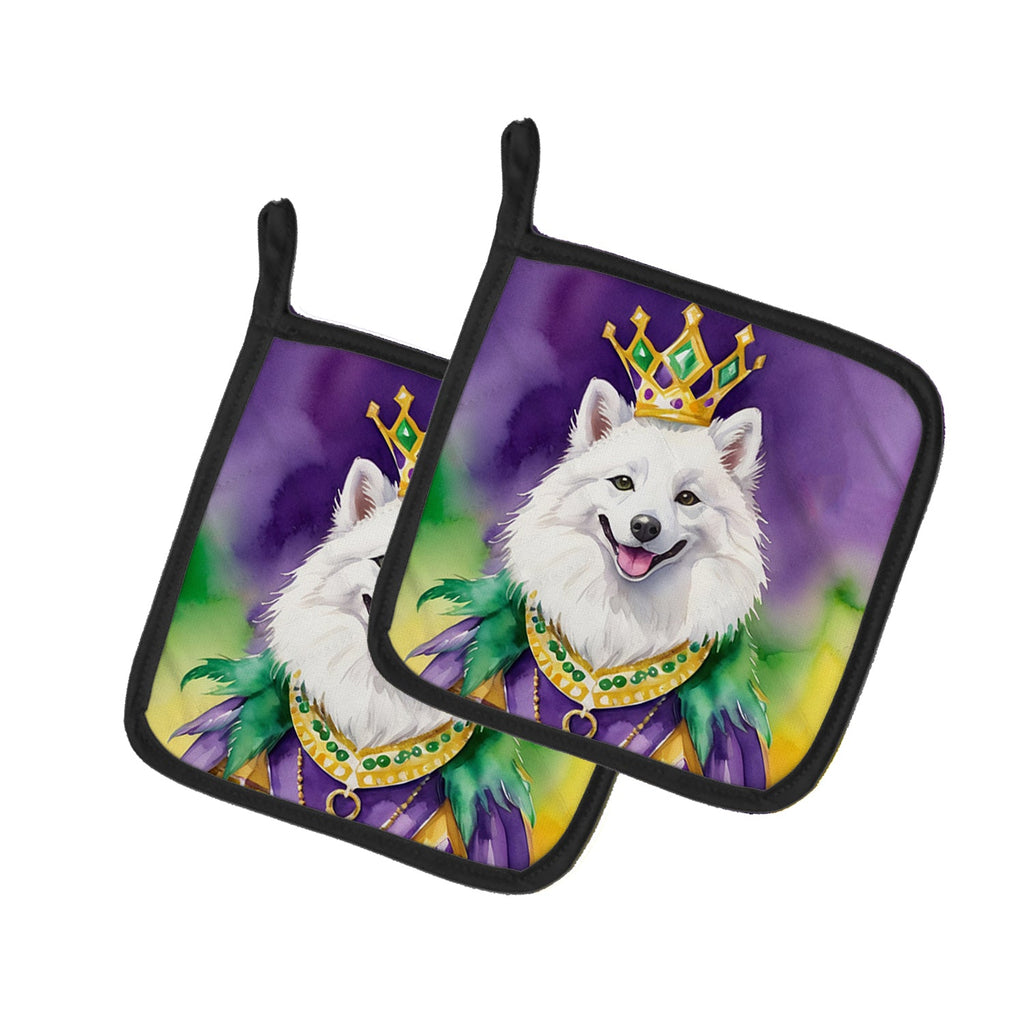 American Eskimo King of Mardi Gras Pot Holder Set of 2 Heat Resistant Quilted Hot Pads 7.5 x 7.5 Inch, Insulated Kitchen Trivets for Cooking & Baking