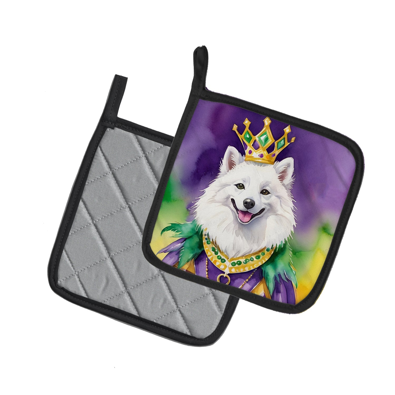 American Eskimo King of Mardi Gras Pot Holder Set of 2 Heat Resistant Quilted Hot Pads 7.5 x 7.5 Inch, Insulated Kitchen Trivets for Cooking & Baking