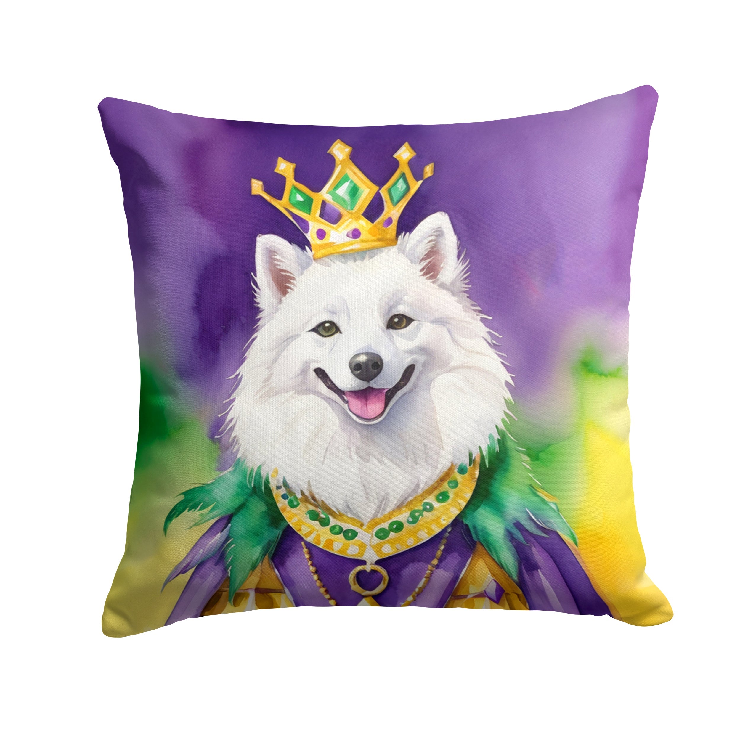 American Eskimo King of Mardi Gras Decorative Throw Pillow 14x14 Indoor Outdoor Accent Cushion, Fabric Cover with Insert for Sofa, Bed, Porch & Living Room
