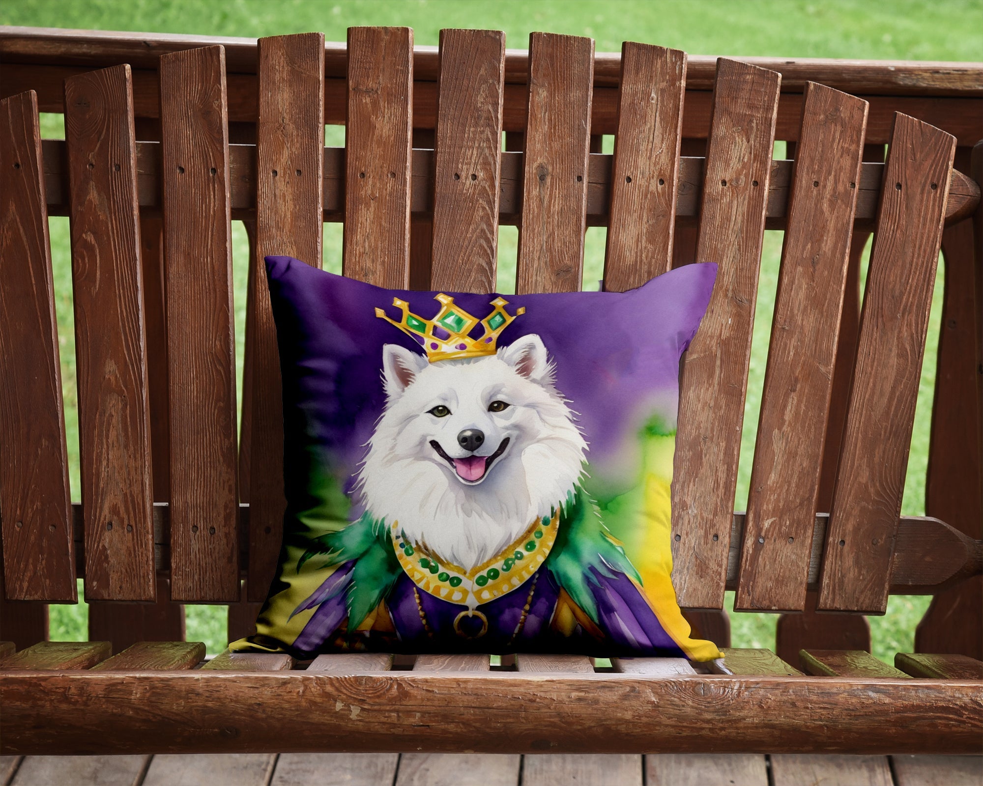 American Eskimo King of Mardi Gras Decorative Throw Pillow 14x14 Indoor Outdoor Accent Cushion, Fabric Cover with Insert for Sofa, Bed, Porch & Living Room
