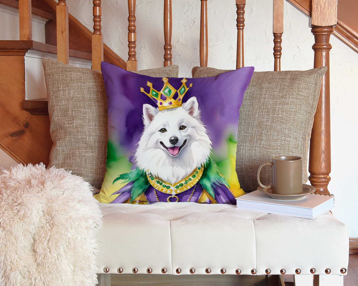 American Eskimo King of Mardi Gras Decorative Throw Pillow 14x14 Indoor Outdoor Accent Cushion, Fabric Cover with Insert for Sofa, Bed, Porch & Living Room