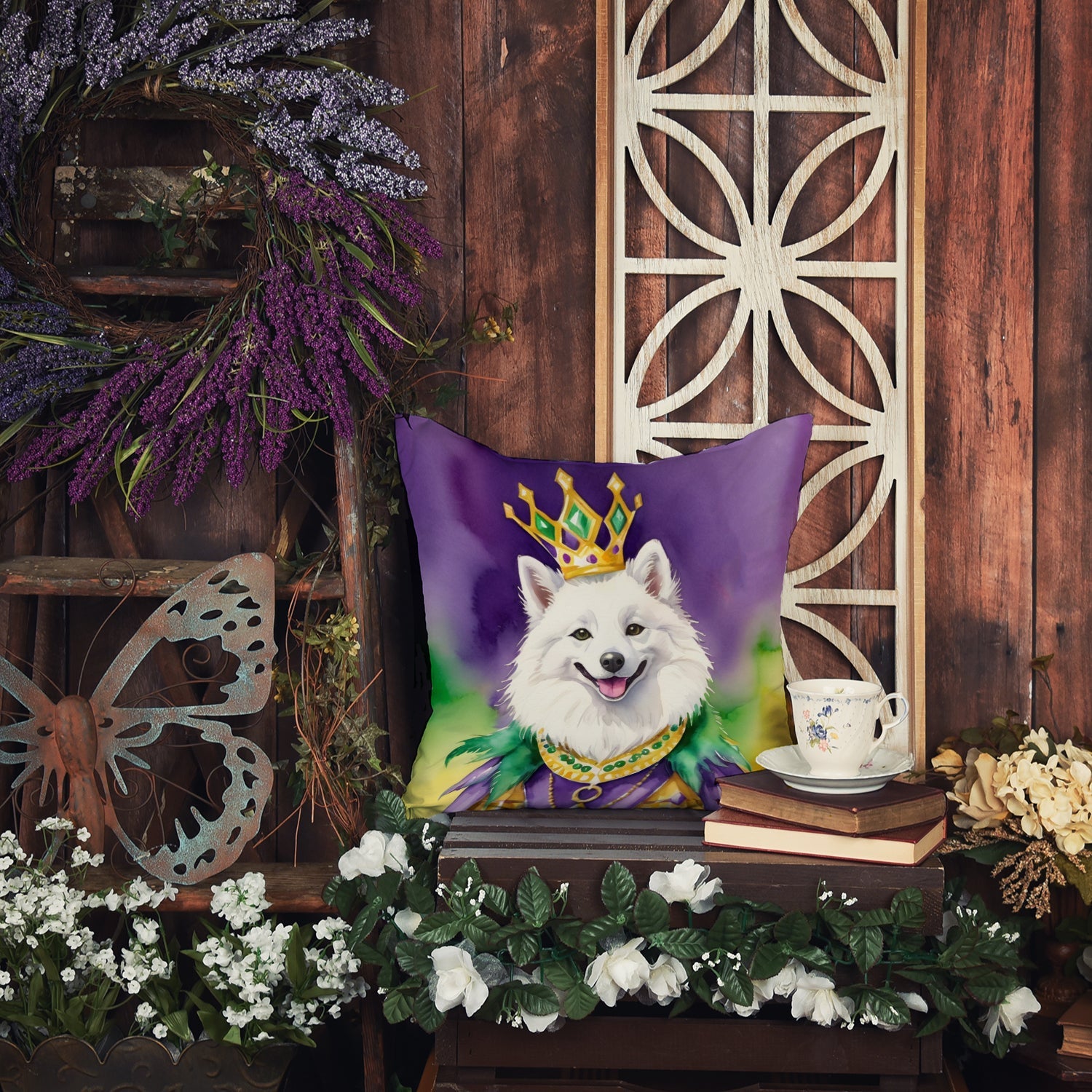 American Eskimo King of Mardi Gras Decorative Throw Pillow 14x14 Indoor Outdoor Accent Cushion, Fabric Cover with Insert for Sofa, Bed, Porch & Living Room
