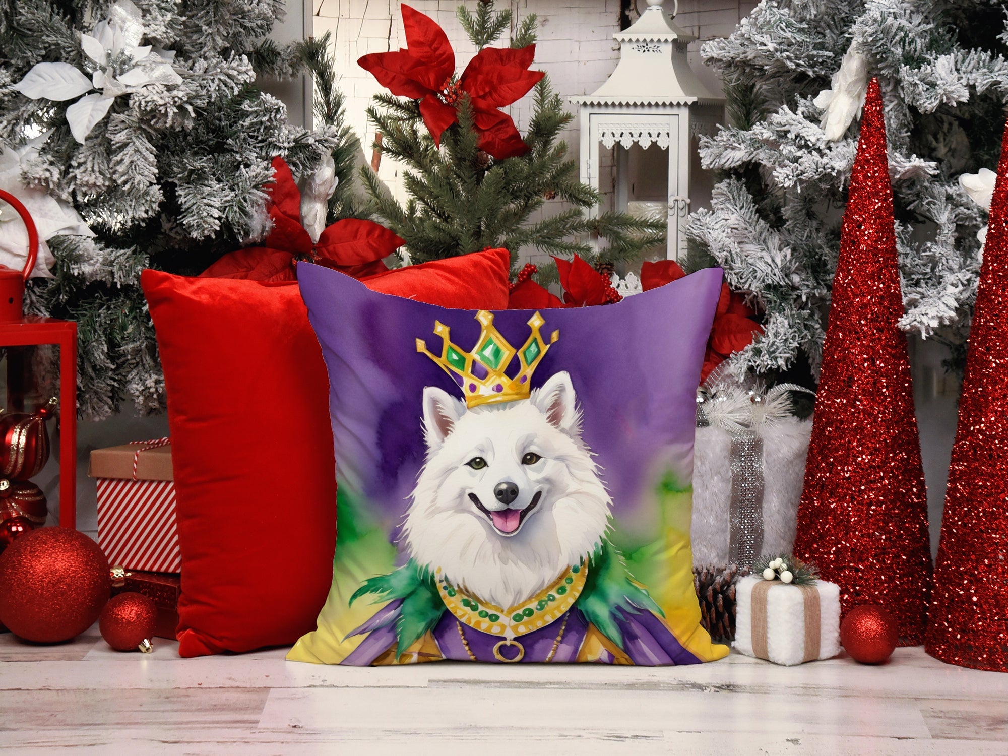 American Eskimo King of Mardi Gras Decorative Throw Pillow 18x18 Indoor Outdoor Accent Cushion, Fabric Cover with Insert for Sofa, Bed, Porch & Living Room